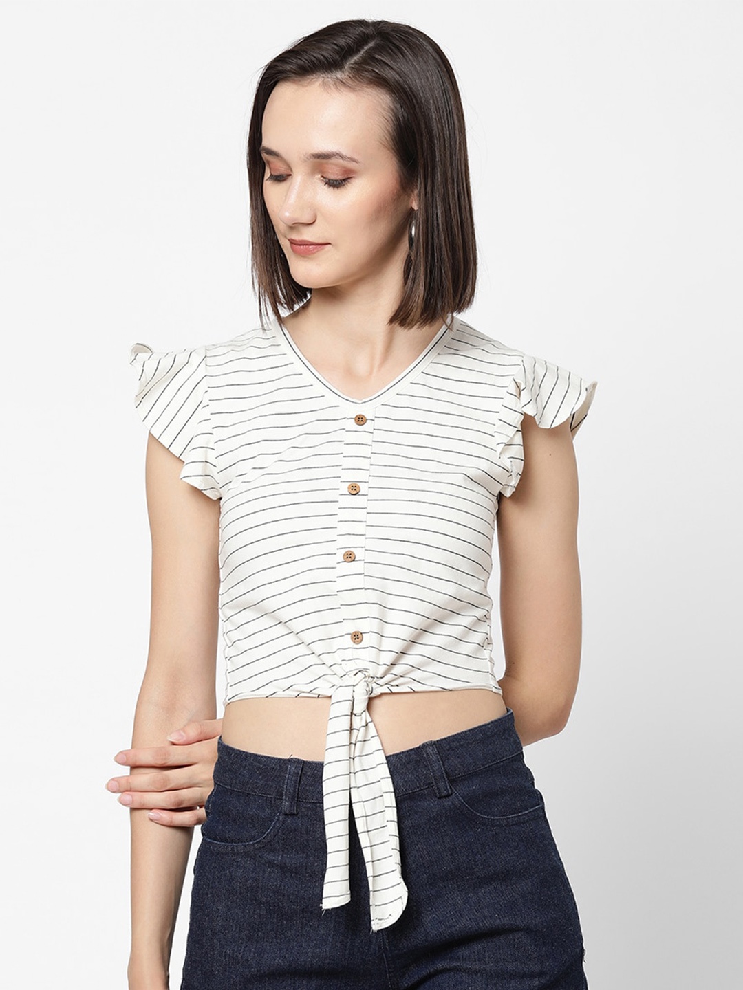 

VASTRADO White Striped Crop Top