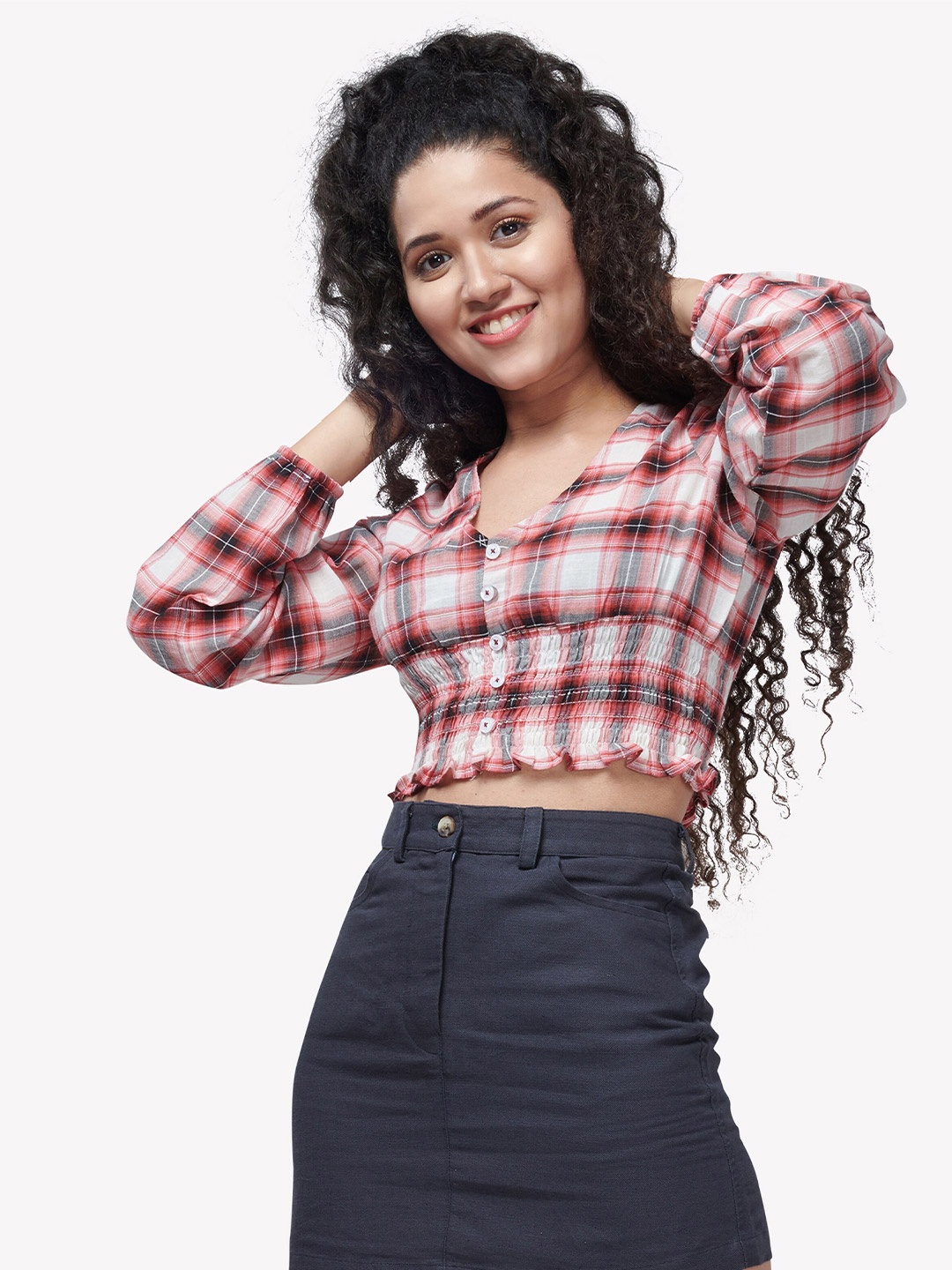 

VASTRADO Red Checked Pure Cotton Shirt Style Crop Top