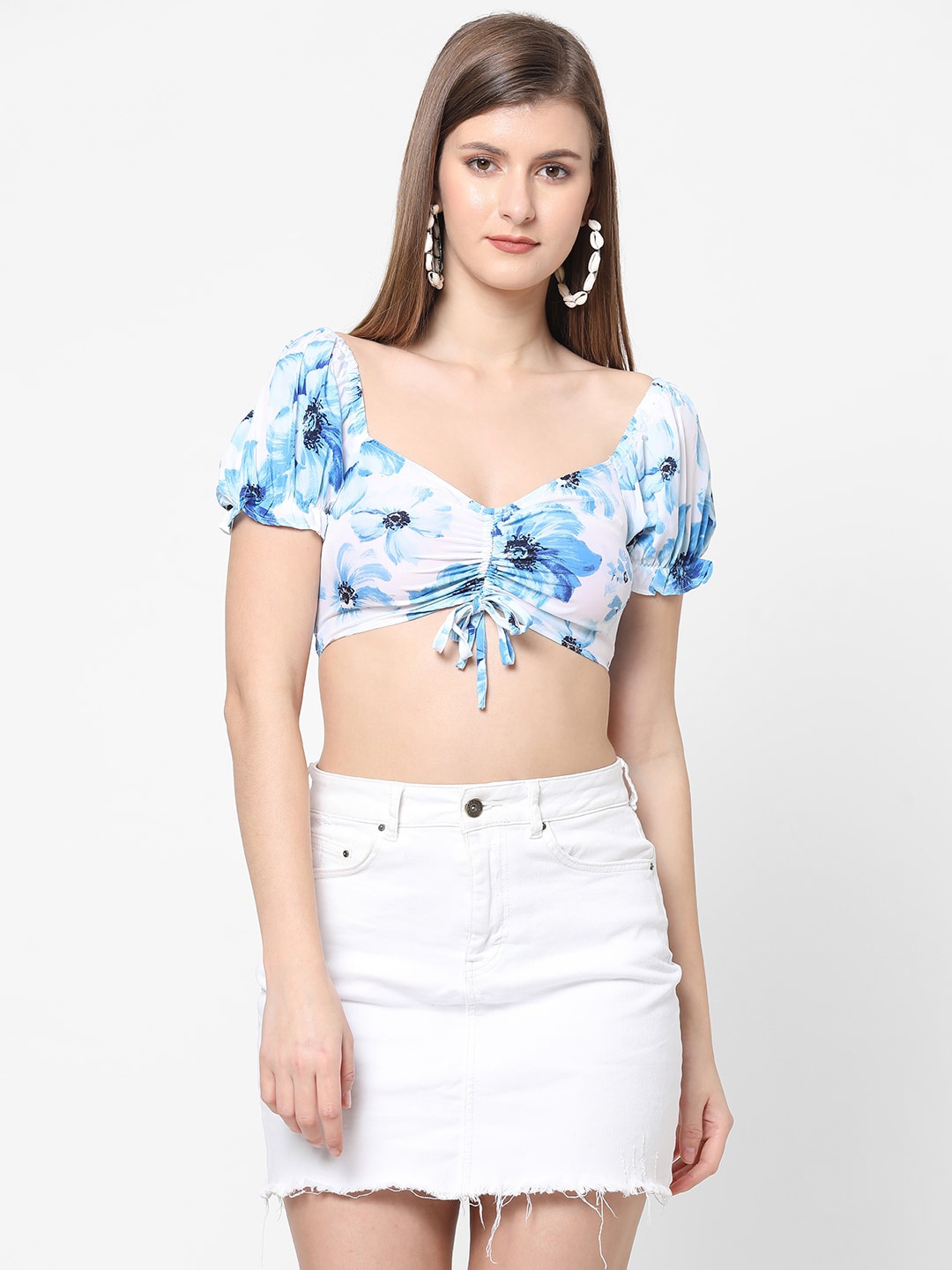 

VASTRADO Women White Floral Printed Cotton Blouson Crop Top