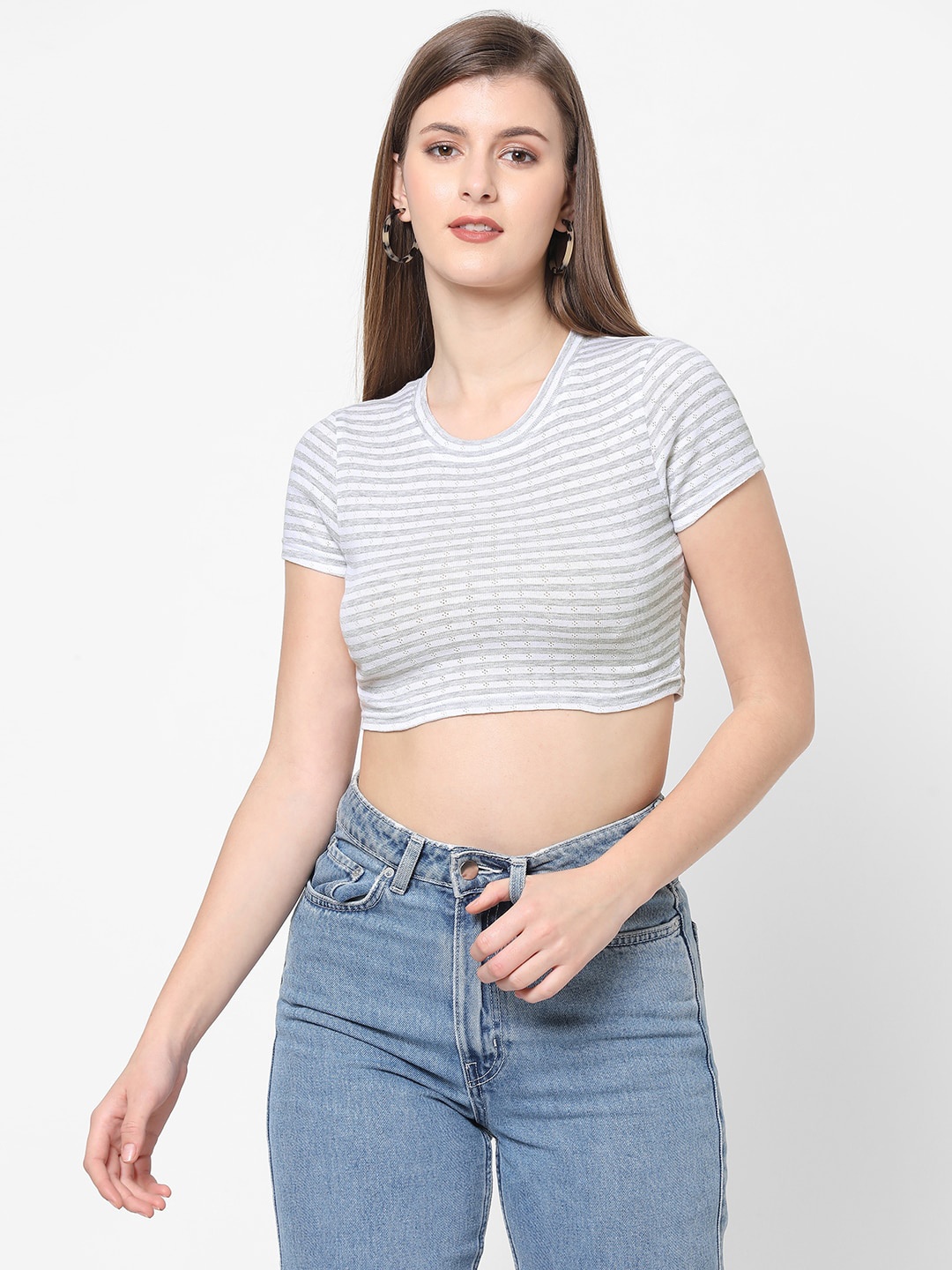 

VASTRADO Women Grey Striped Pure Cotton Crop Top