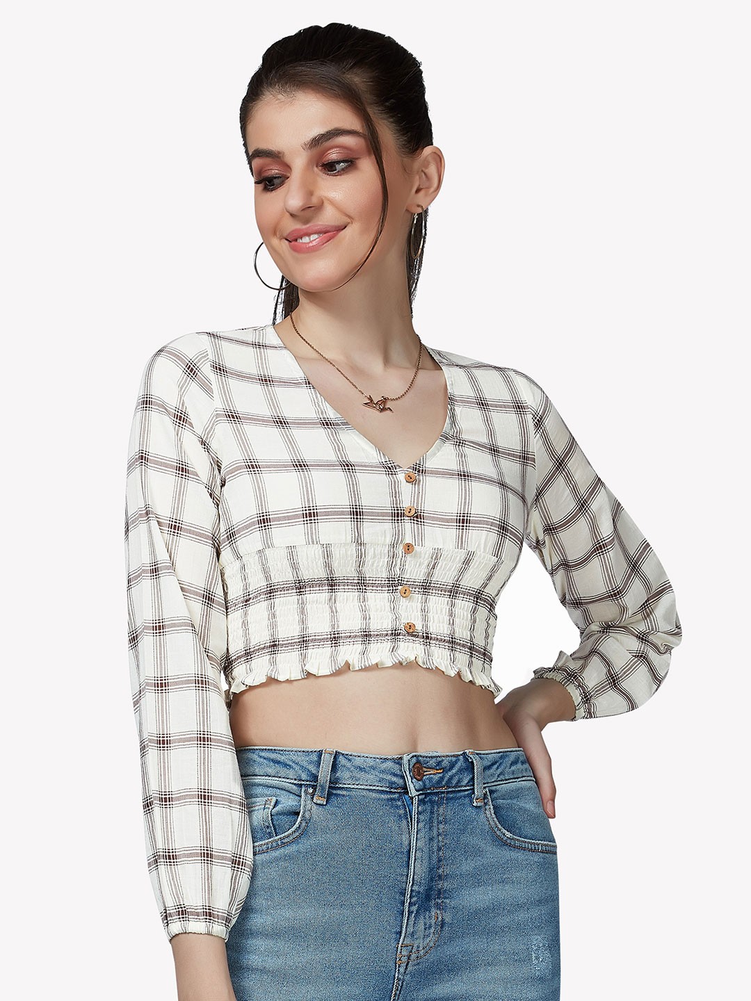 

VASTRADO Off White & Brown Checked Cotton Crop Top