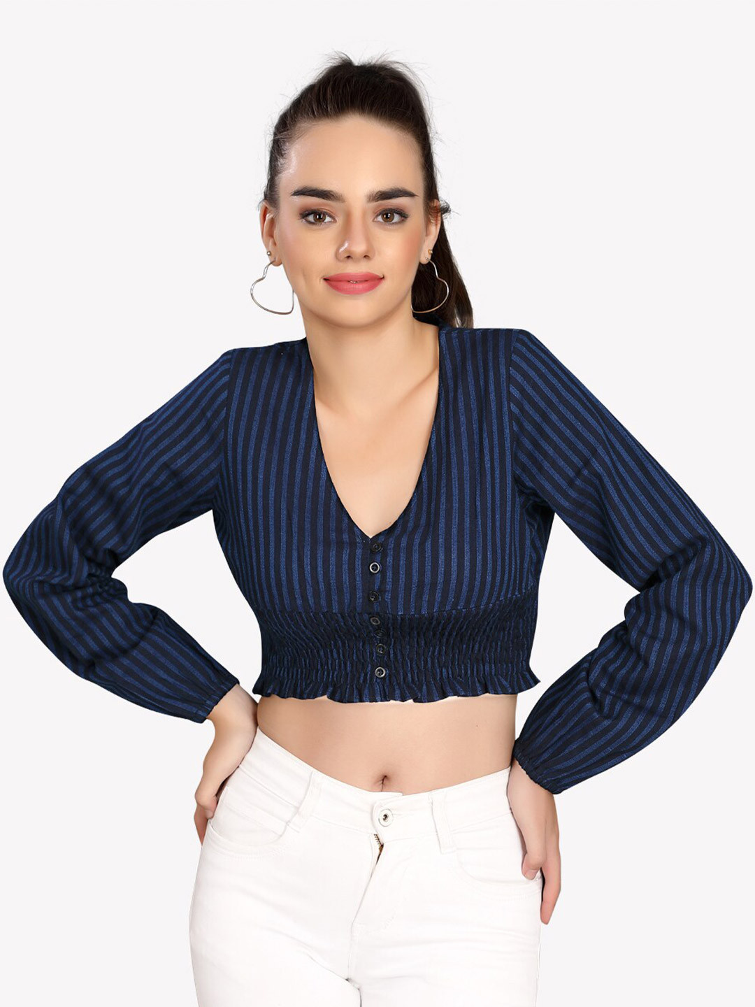 

VASTRADO Blue & White Striped Cinched Waist Crop Top