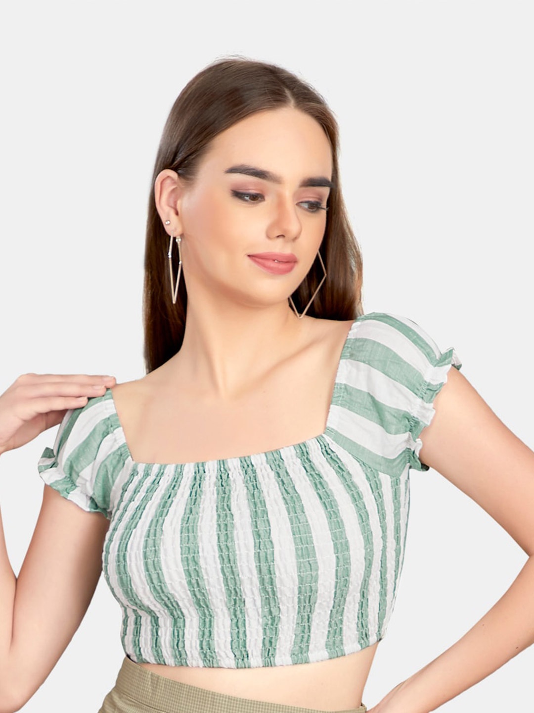 

VASTRADO Green & White Striped Blouson Smocked Pure Cotton Crop Top