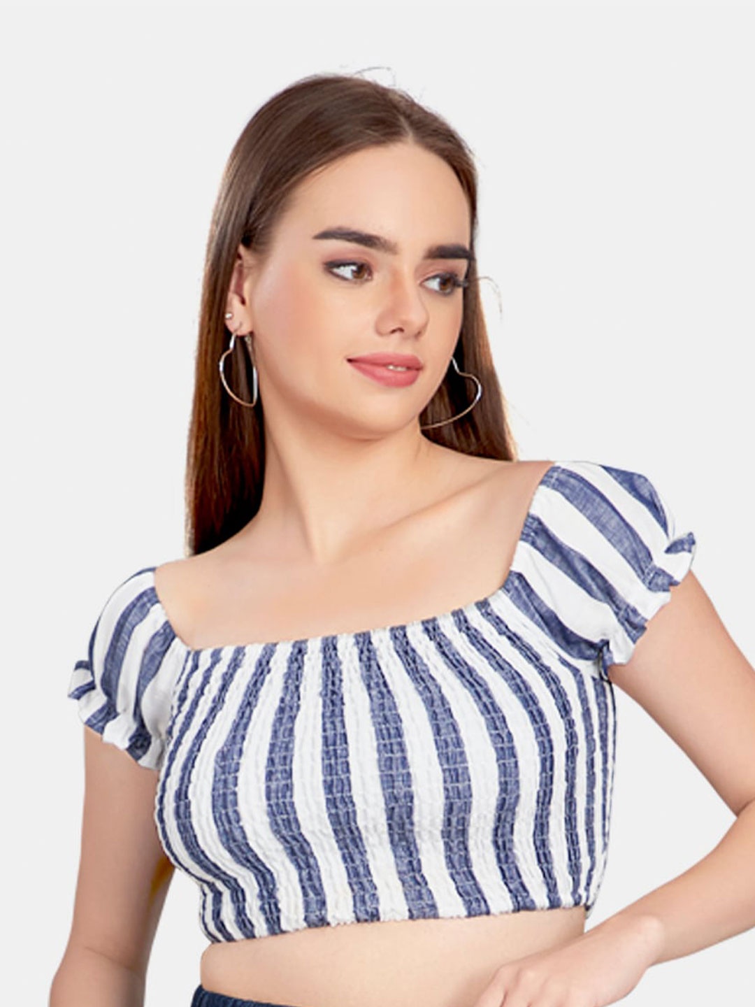 

VASTRADO Navy Blue & White Striped Blouson Cotton Crop Top