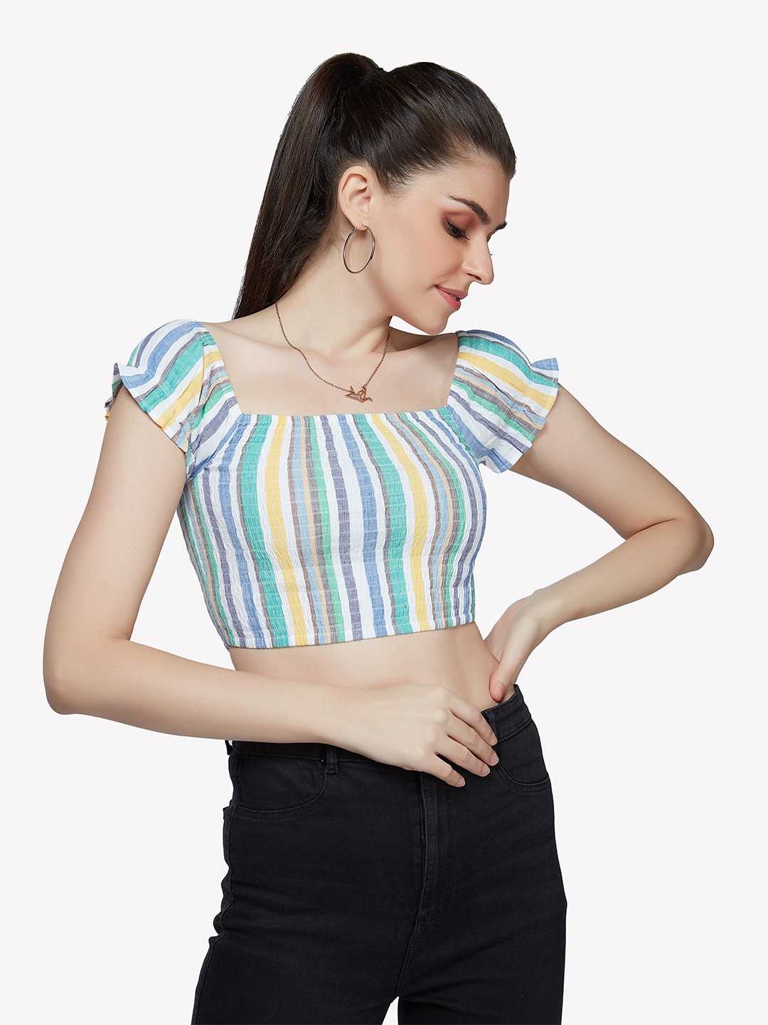 

VASTRADO White & Blue Striped Pure Cotton Crop Top