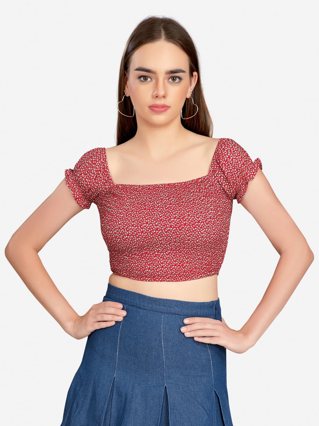 

VASTRADO Red Floral Printed Pure Cotton Crop Top