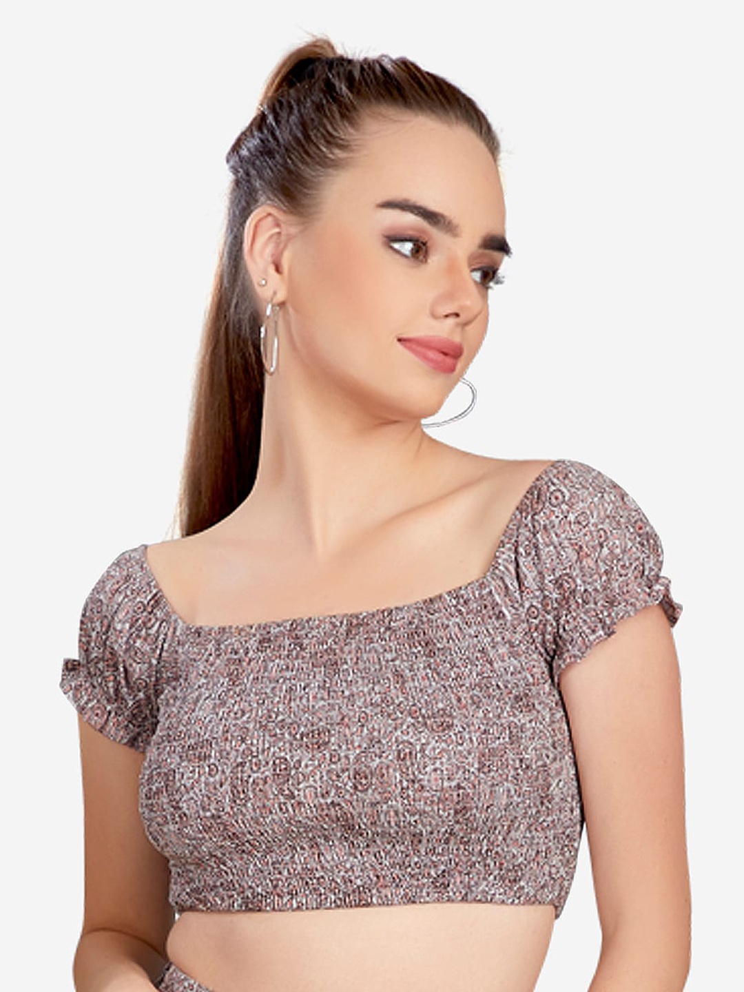 

VASTRADO Grey & Brown Print Blouson Cotton Crop Top