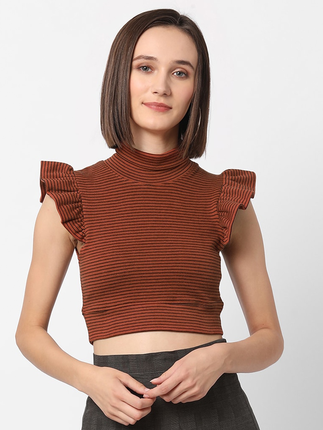 

VASTRADO Rust Red Striped Pure Cotton Flutter Sleeves Knitted Crop Top