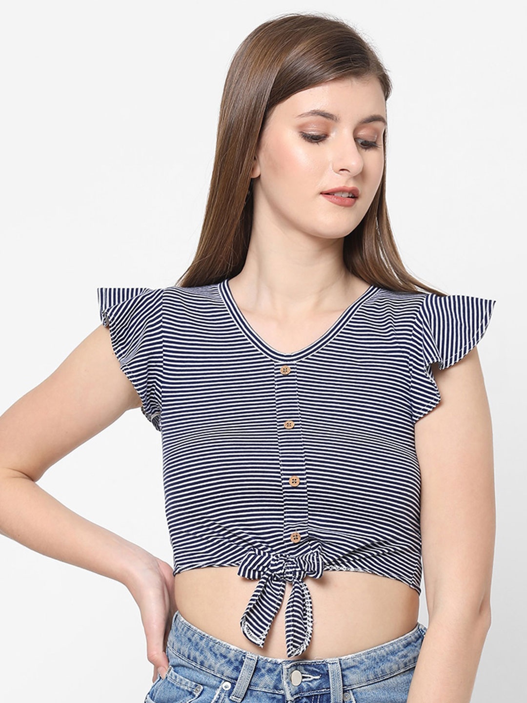 

VASTRADO Navy Blue & White Striped Pure Cotton Knitted Crop Top