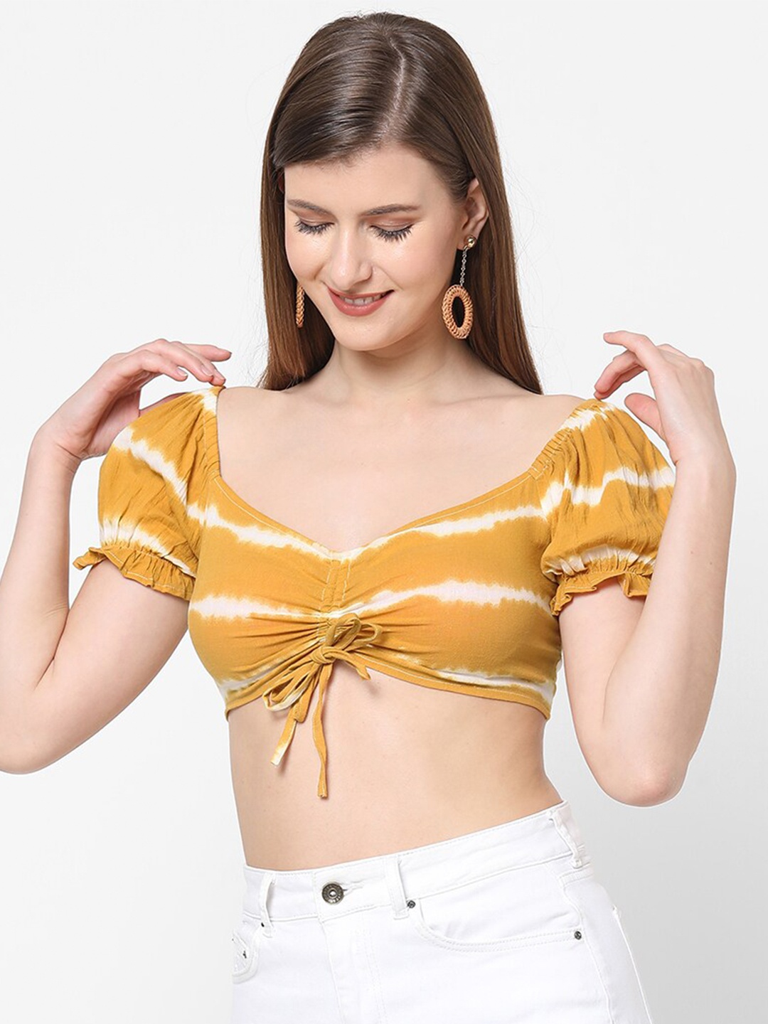 

VASTRADO Mustard Yellow Tie and Dye Printed Smocked Pure Cotton Crop Top