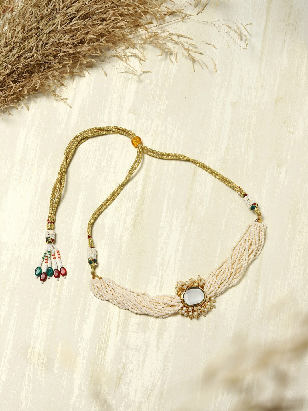 

Ruby Raang Gold-Plated White Brass Kundan & Pearls Choker Necklace