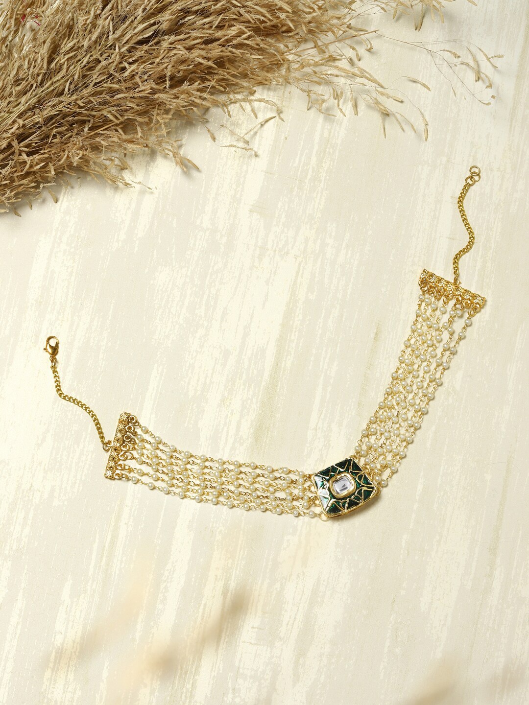 

Ruby Raang Gold-Plated White & Green Brass Kundan & Pearls Choker Necklace