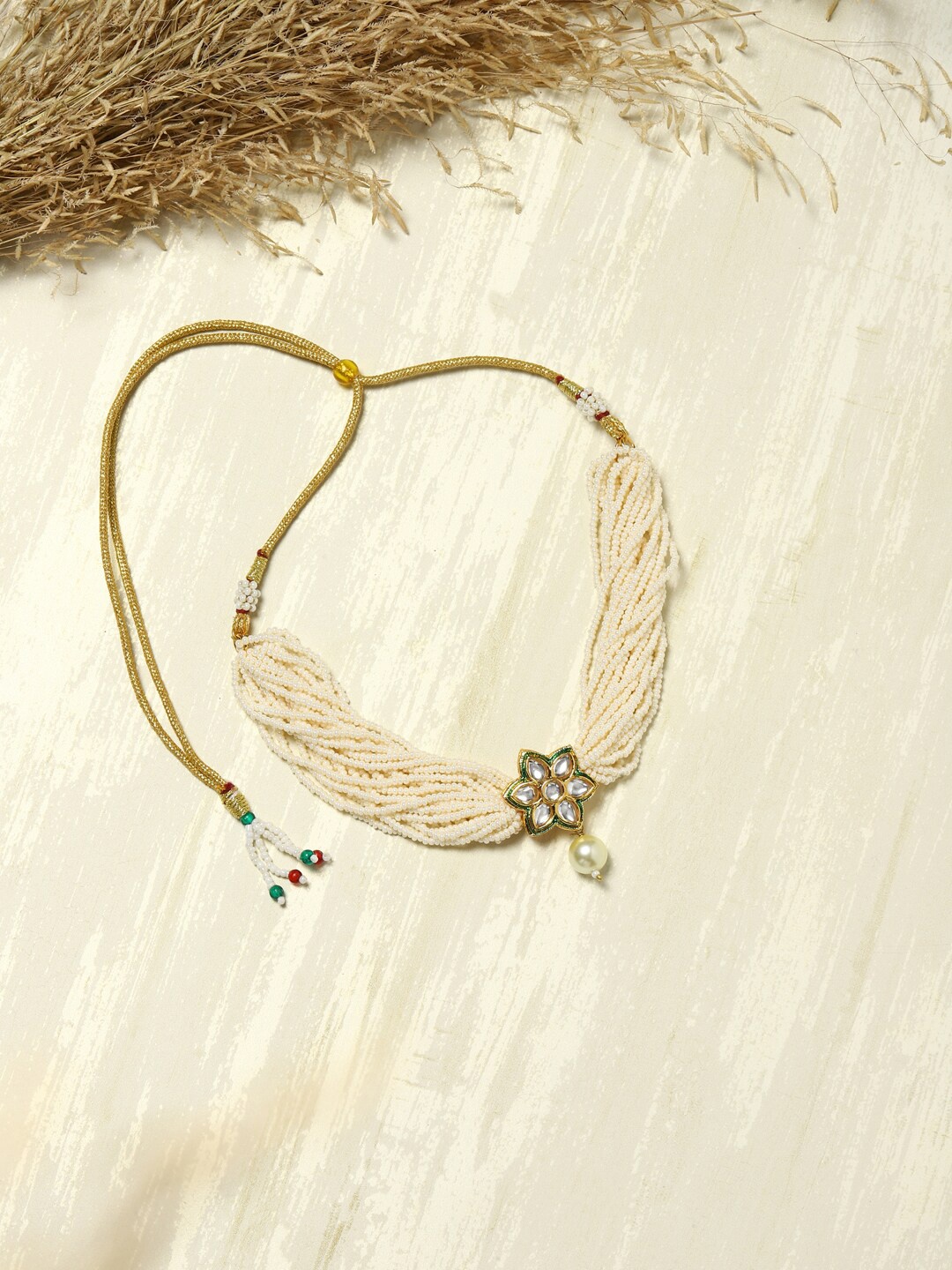 

Ruby Raang Gold-Plated White & Green Brass Kundan & Pearls Choker Necklace