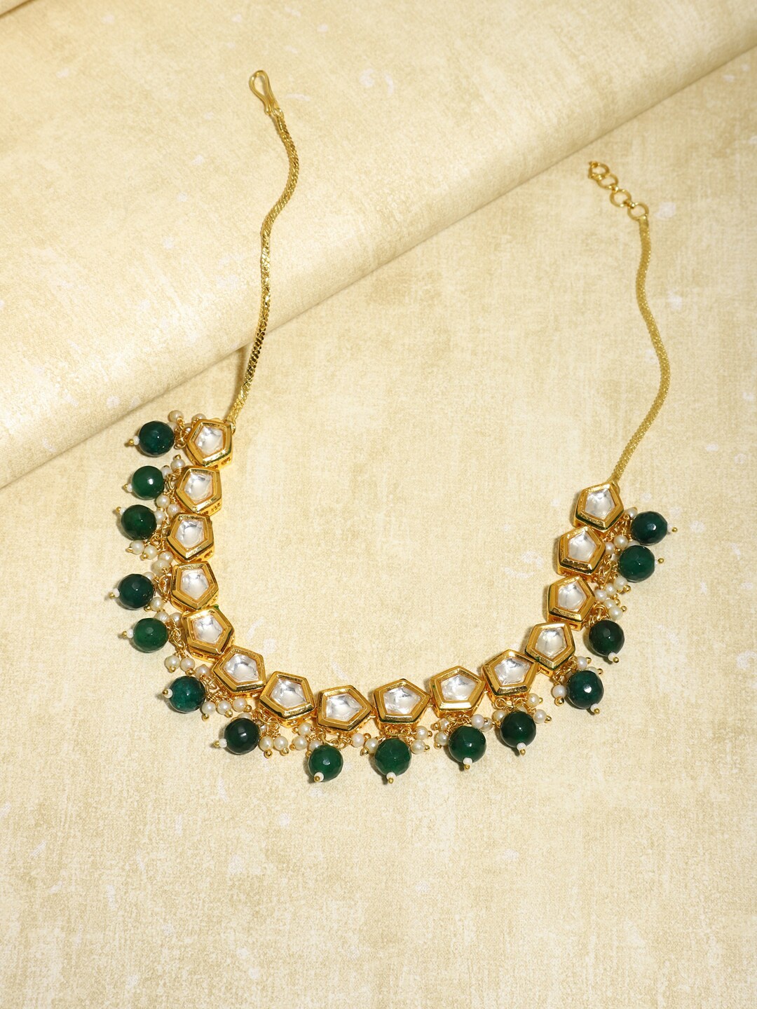 

Ruby Raang Gold-Plated White & Greeb Brass Kundan & Pearls Necklace