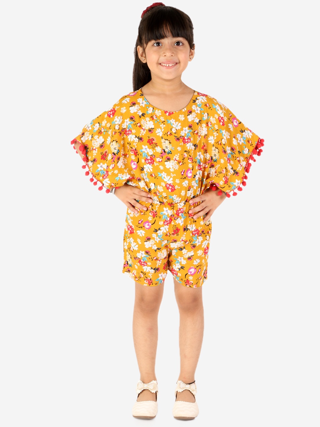 

Superminis Girls Mustard & White Printed Pom Pom Detail Cotton Playsuit