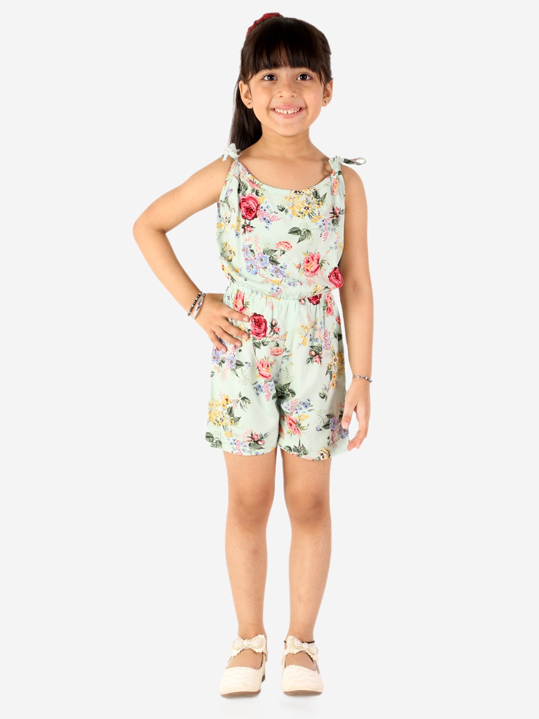 

Superminis Girls Sea Green & Pink Printed Playsuit