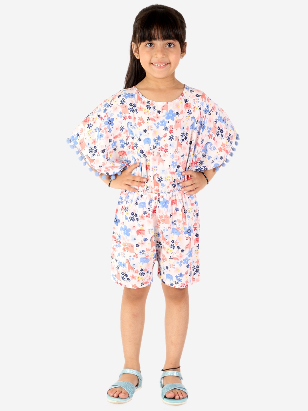

Superminis Girls White & Blue Floral Printed Pom-Pom Playsuit