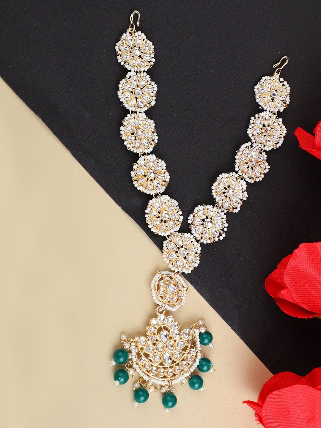 

ANIKAS CREATION Gold-Plated White and Green Stone-Studded & Beaded Bridal Maathapati