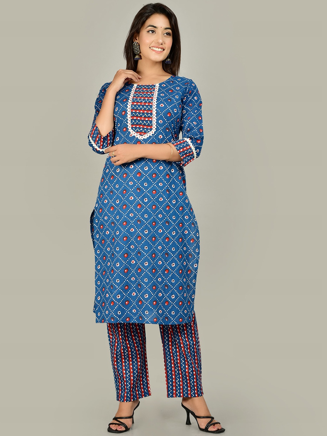 

KALINI Women Blue Printed Pure Cotton Kurta with Trousers