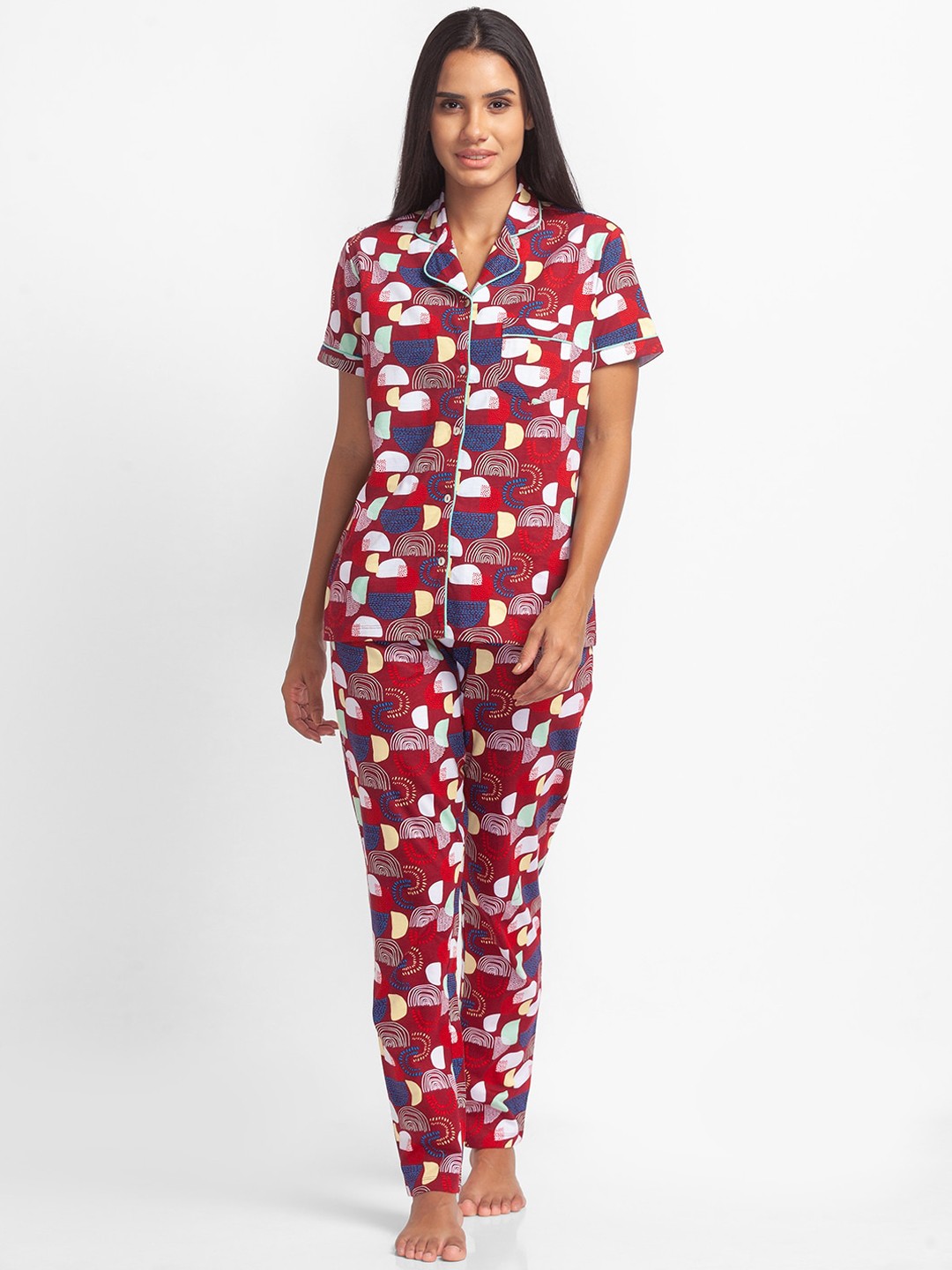

XIN Women Maroon & White Printed Pure Cotton Night suit