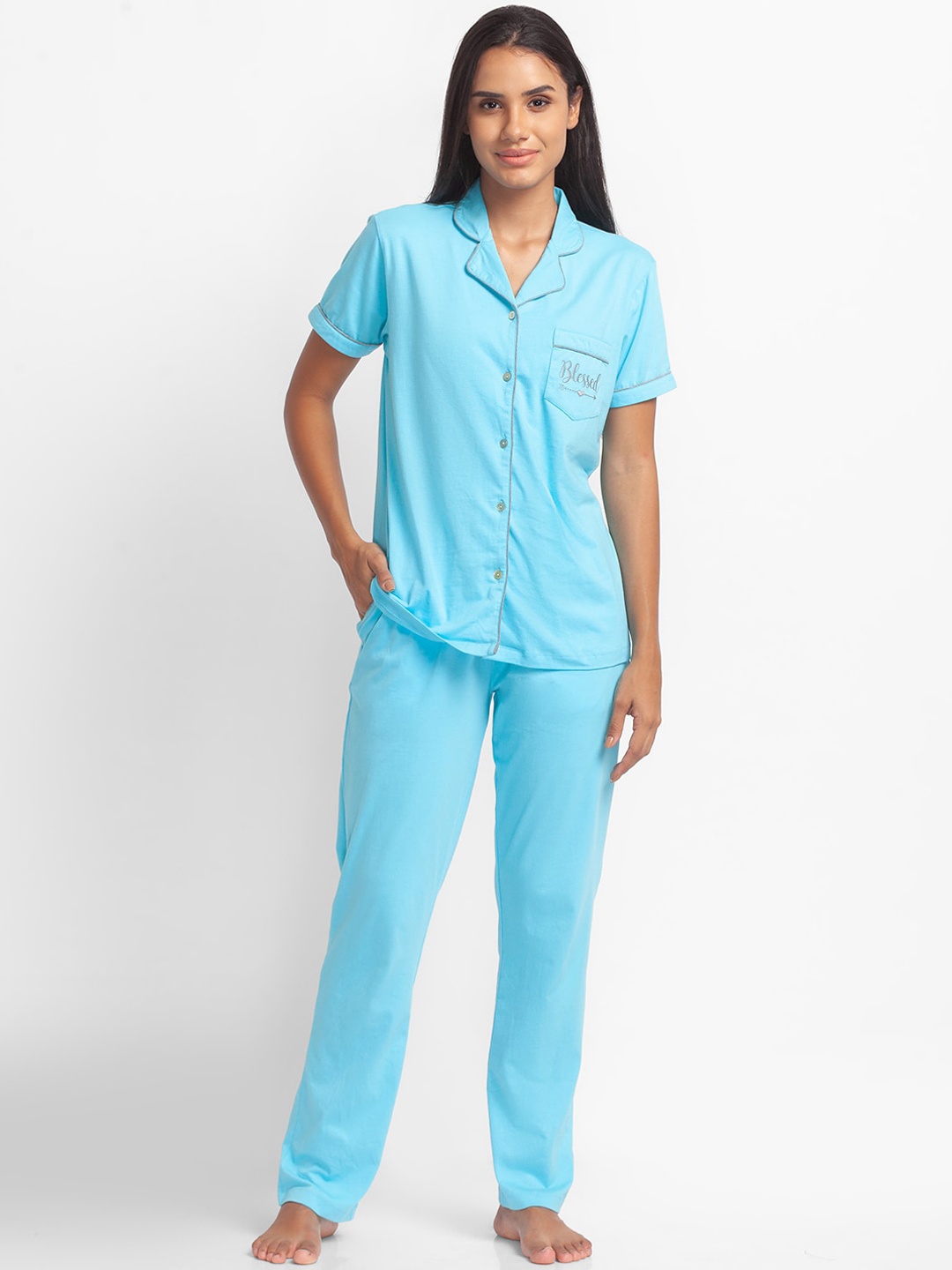 

XIN Women Turquoise Blue Solid Pure Cotton Night Suit