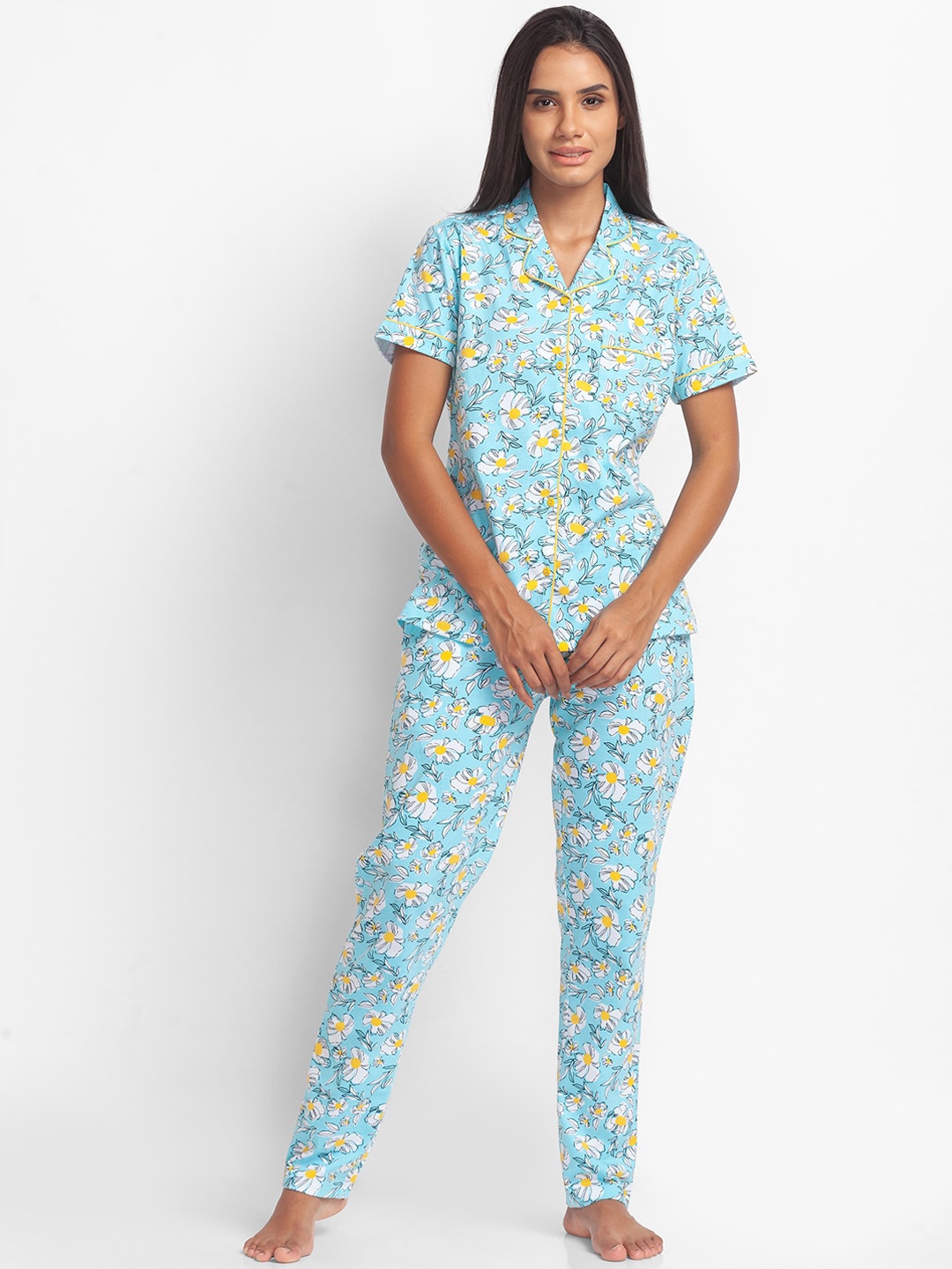 

XIN Women Blue & Yellow Printed Pure Cotton Night suit