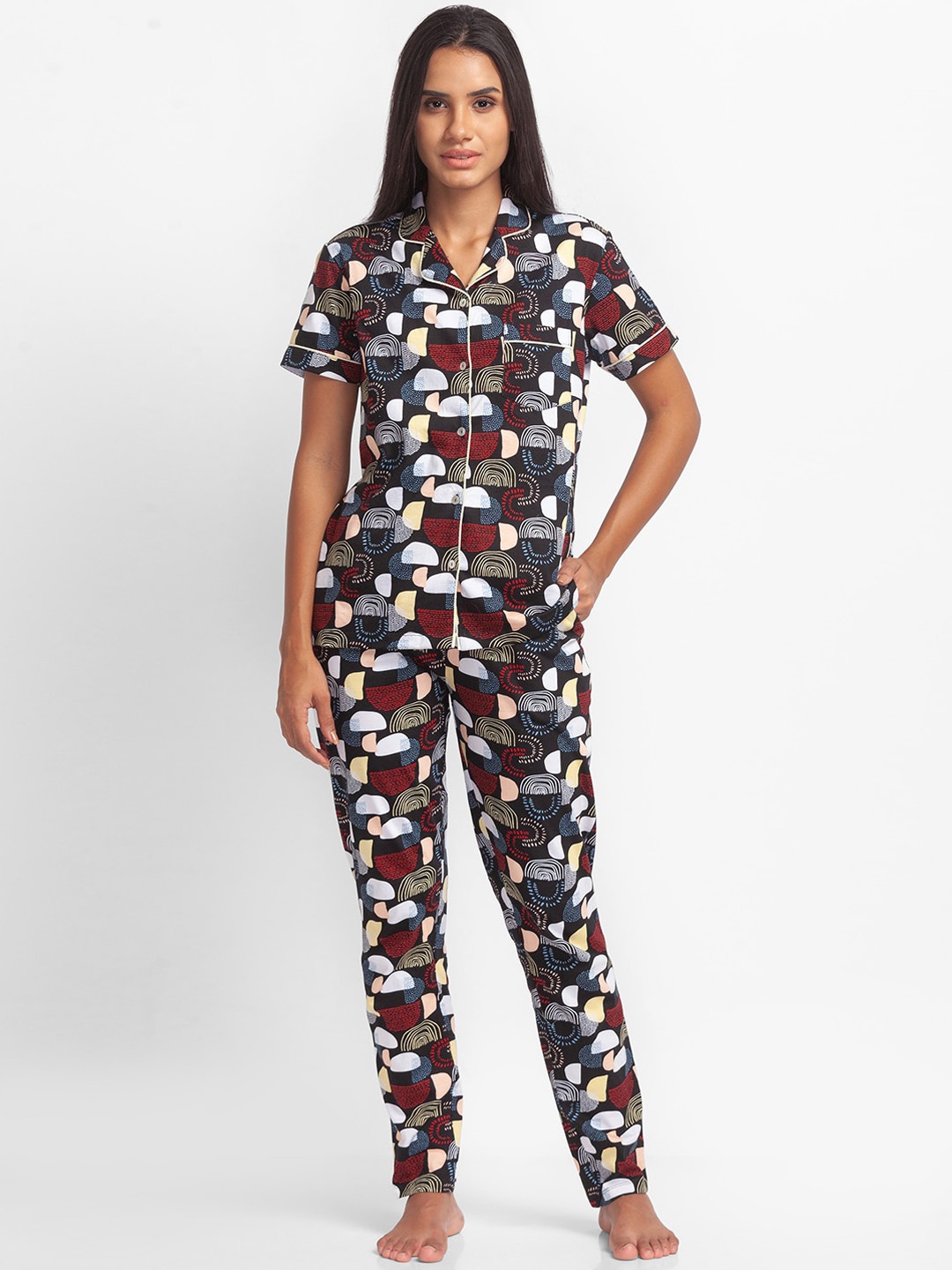 

XIN Women Black & Maroon Geometric Printed Pure Cotton Night Suit