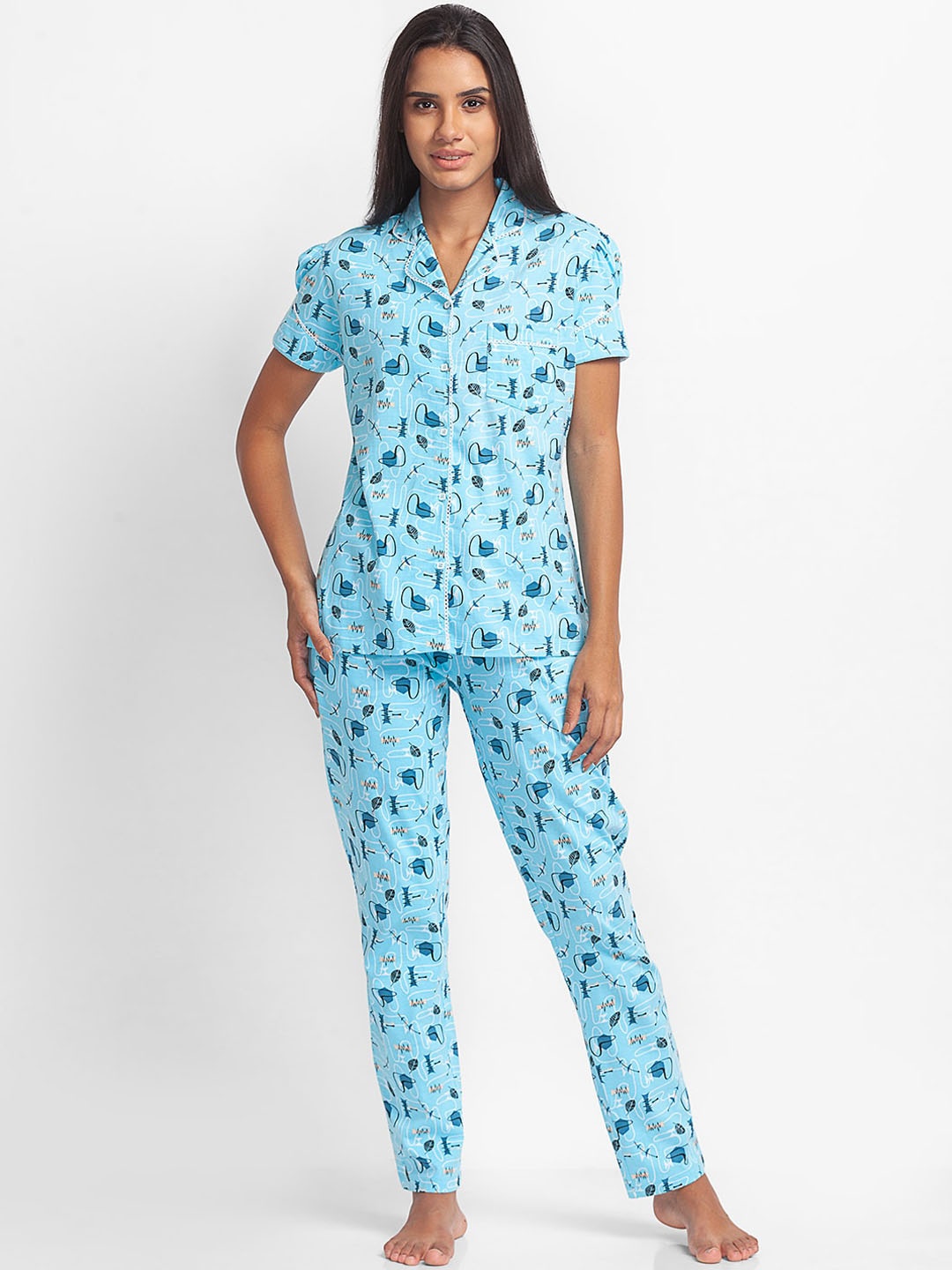 

XIN Women Blue Printed Pure Cotton Night suit