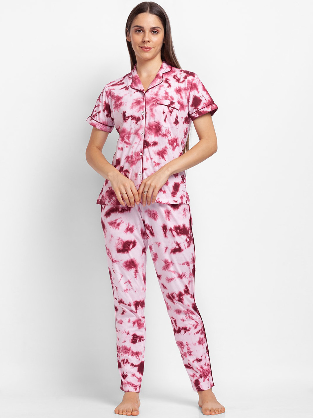 

XIN Women Maroon & Pink Tie & Dye Printed Pure Cotton Night Suit