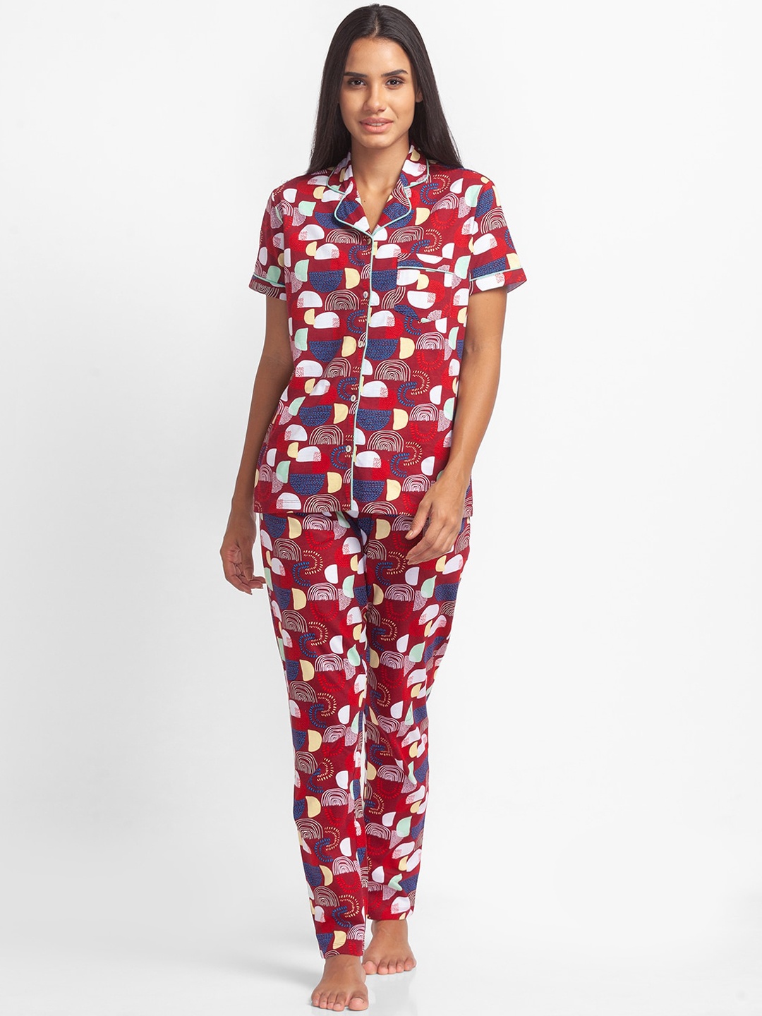 

XIN Women Maroon & White Printed Pure Cotton Night suit