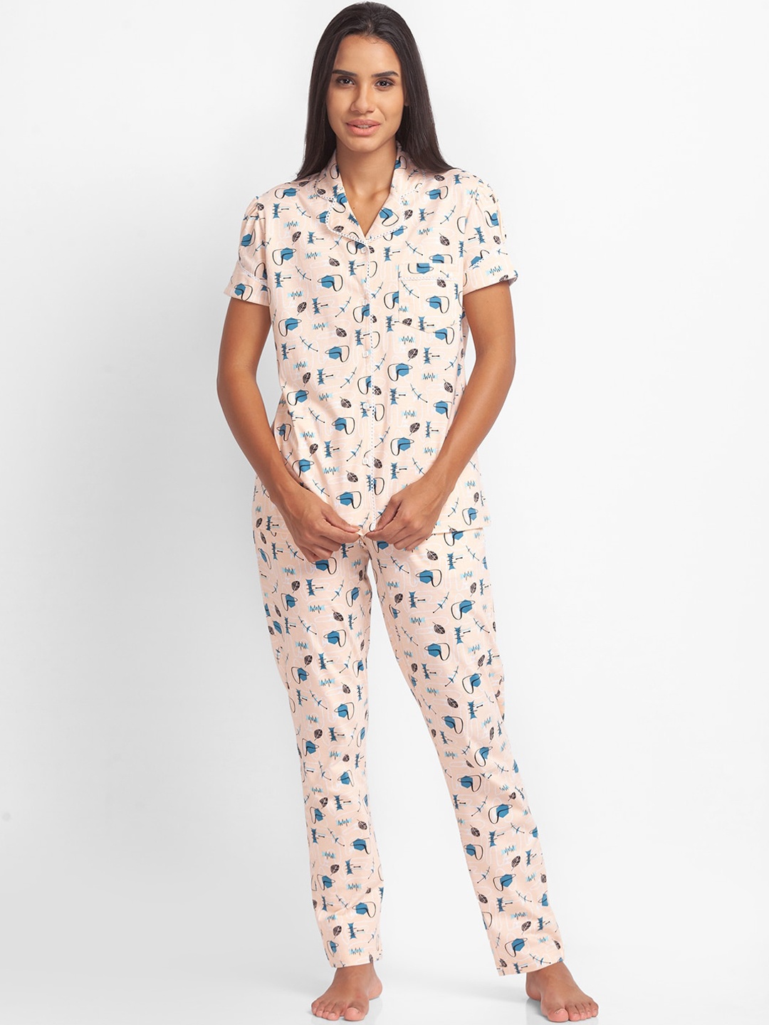 

XIN Women Peach-Coloured & Blue Geometric Printed Pure Cotton Night Suit