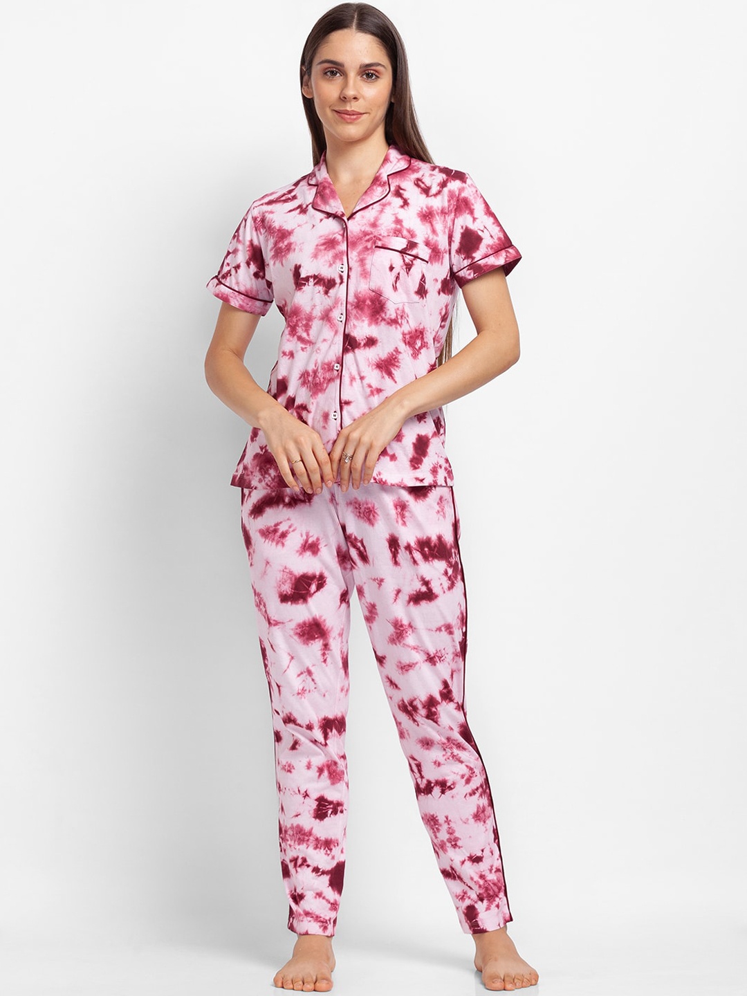 

XIN Women Maroon & Pink Tie & Dye Printed Pure Cotton Night Suit