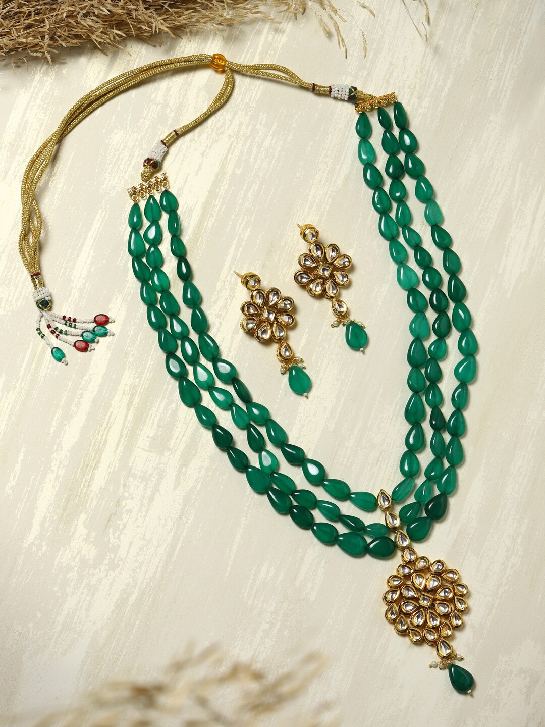 

Ruby Raang Green & Gold-plated Long Kundan Jewellery Set
