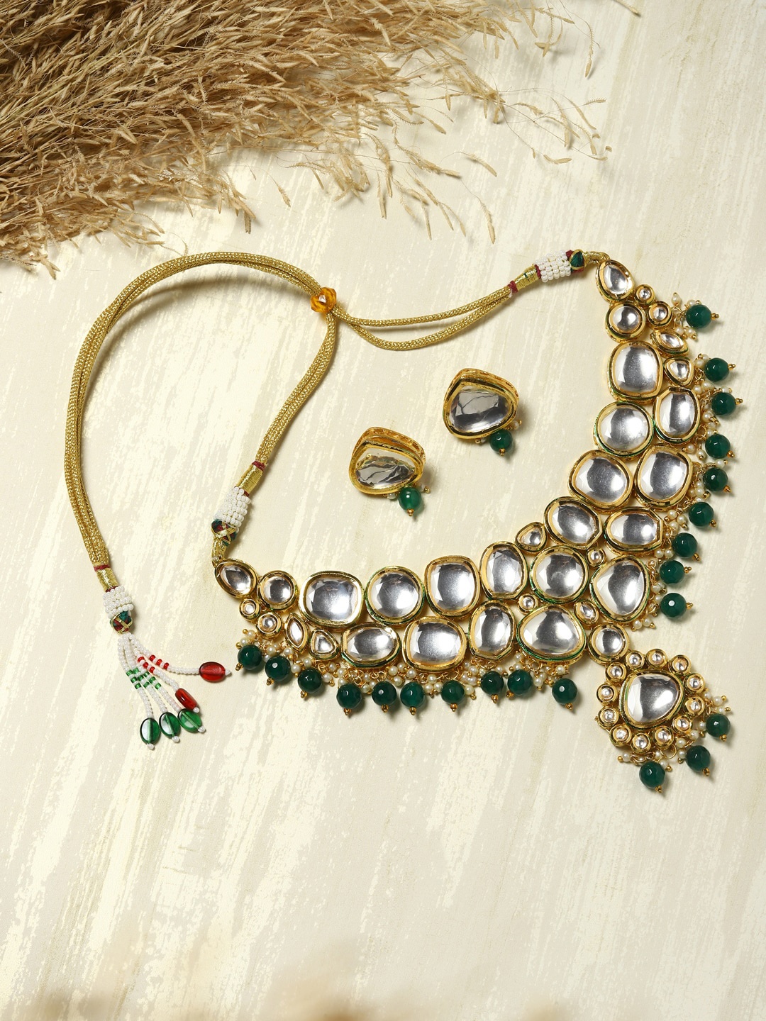 

Ruby Raang Green & White Kundan Choker Jewellery Set