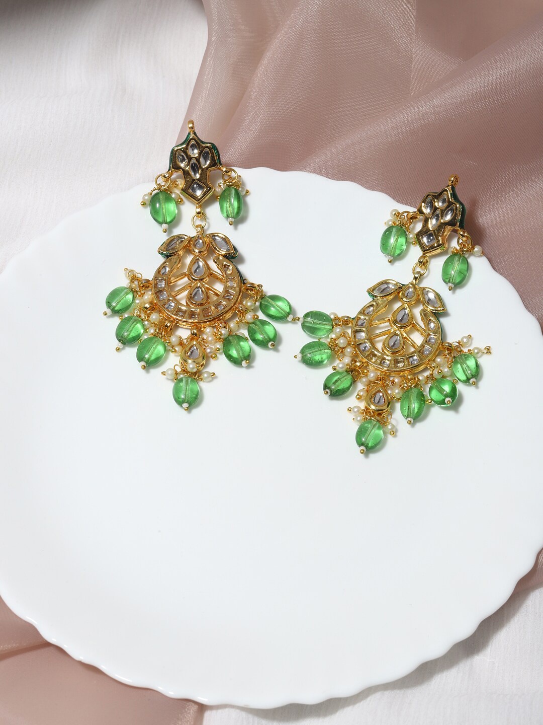 

Ruby Raang Green & Gold-Plated Kundan Drop Earrings