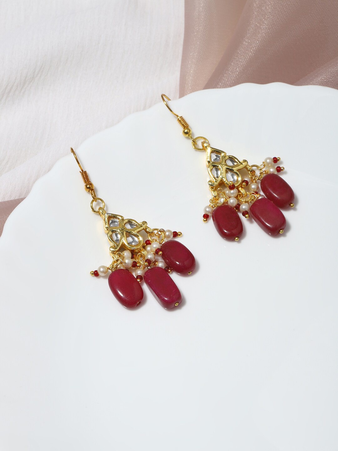 

Ruby Raang Maroon Kundan Contemporary Drop Earrings