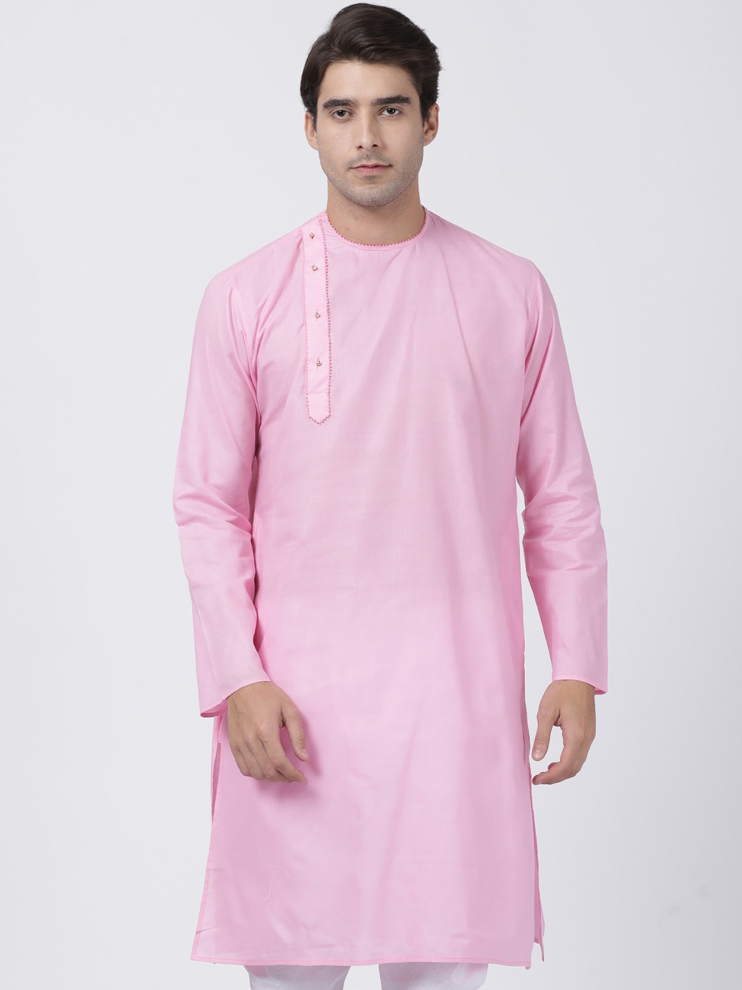 

VASTRAMAY Men Pink Solid Thread Work Cotton Straight Kurta