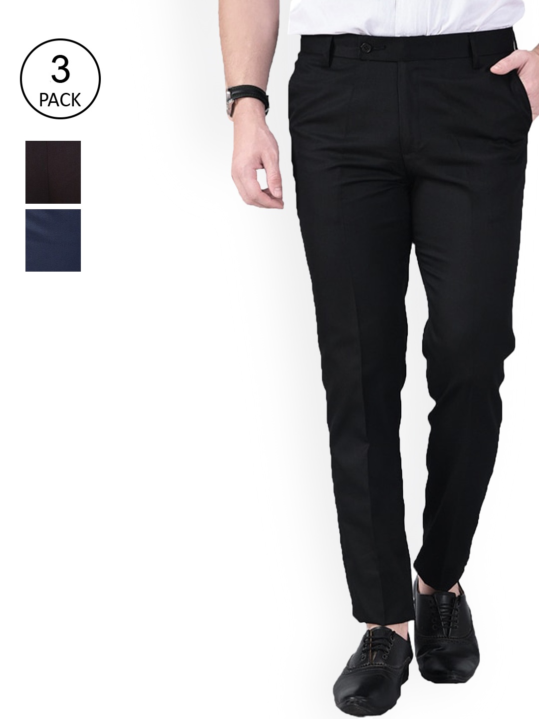 

AD & AV Men Set Of 3 Black Classic Regular Fit Easy Wash Solid Trousers