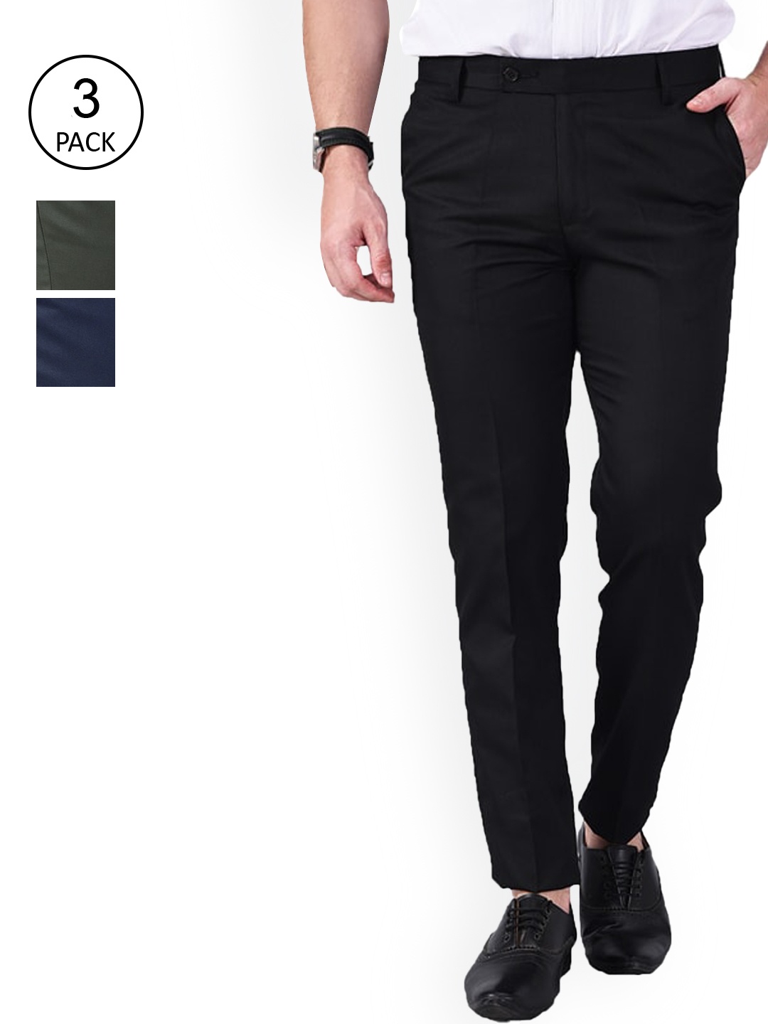 

AD & AV Men Pack of 3 Black & Blue Classic Easy Wash Formal Trousers