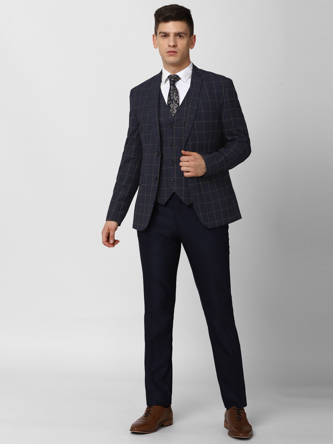 

V Dot Men Grey Checked Slim-Fit Single-Breasted Formal Suit