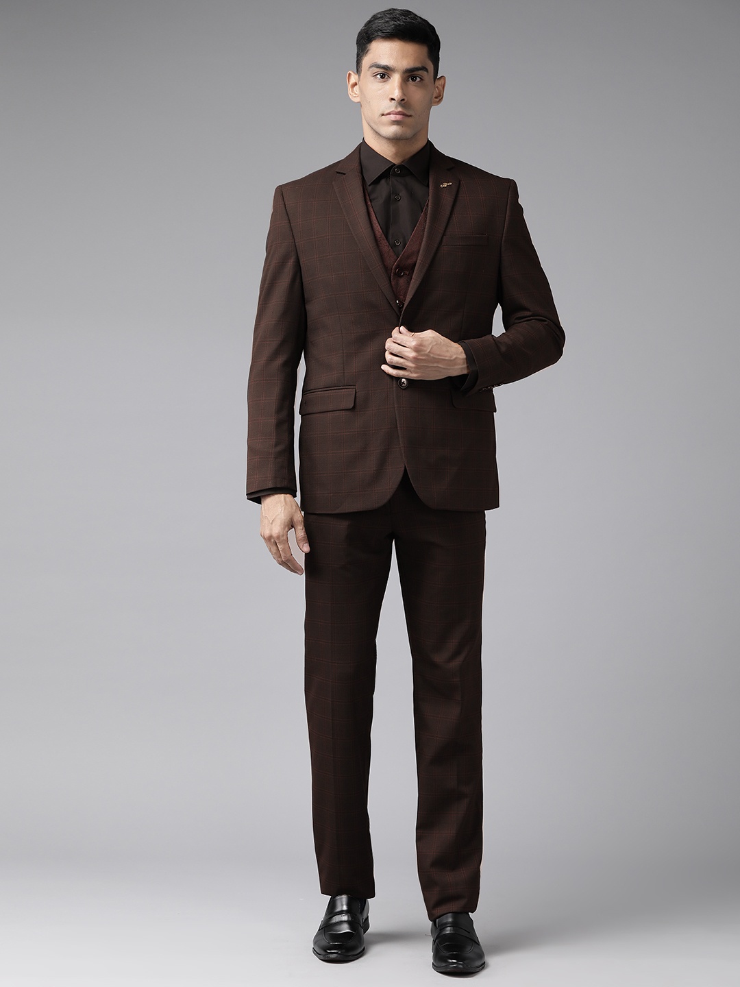 

Van Heusen Men Checked Slim-Fit Single-Breasted Three-Piece Formal Suit, Burgundy