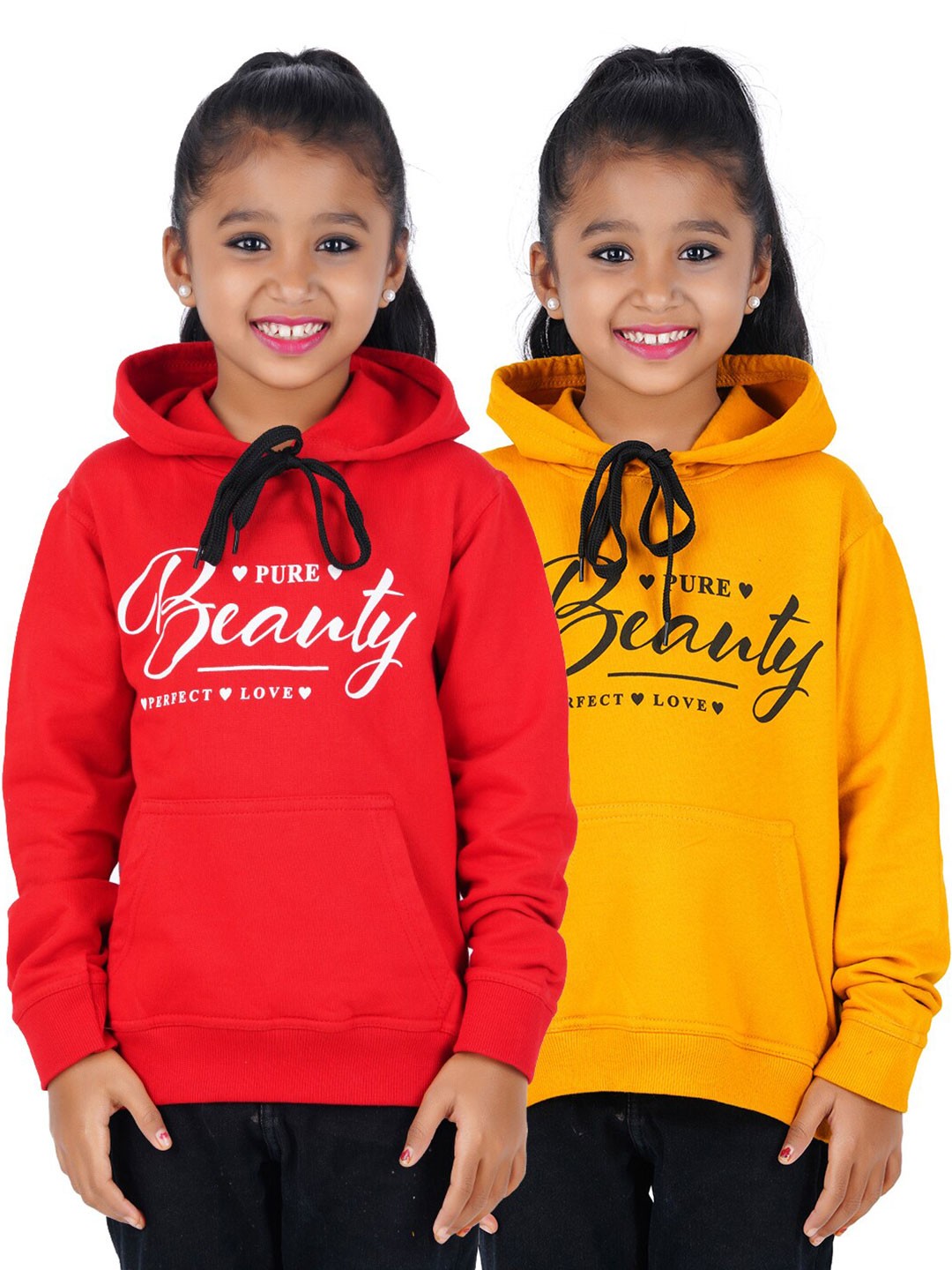

Fleximaa Kids Pack of 2 Red & Yellow Printed Hooded Cotton Sweatshirts