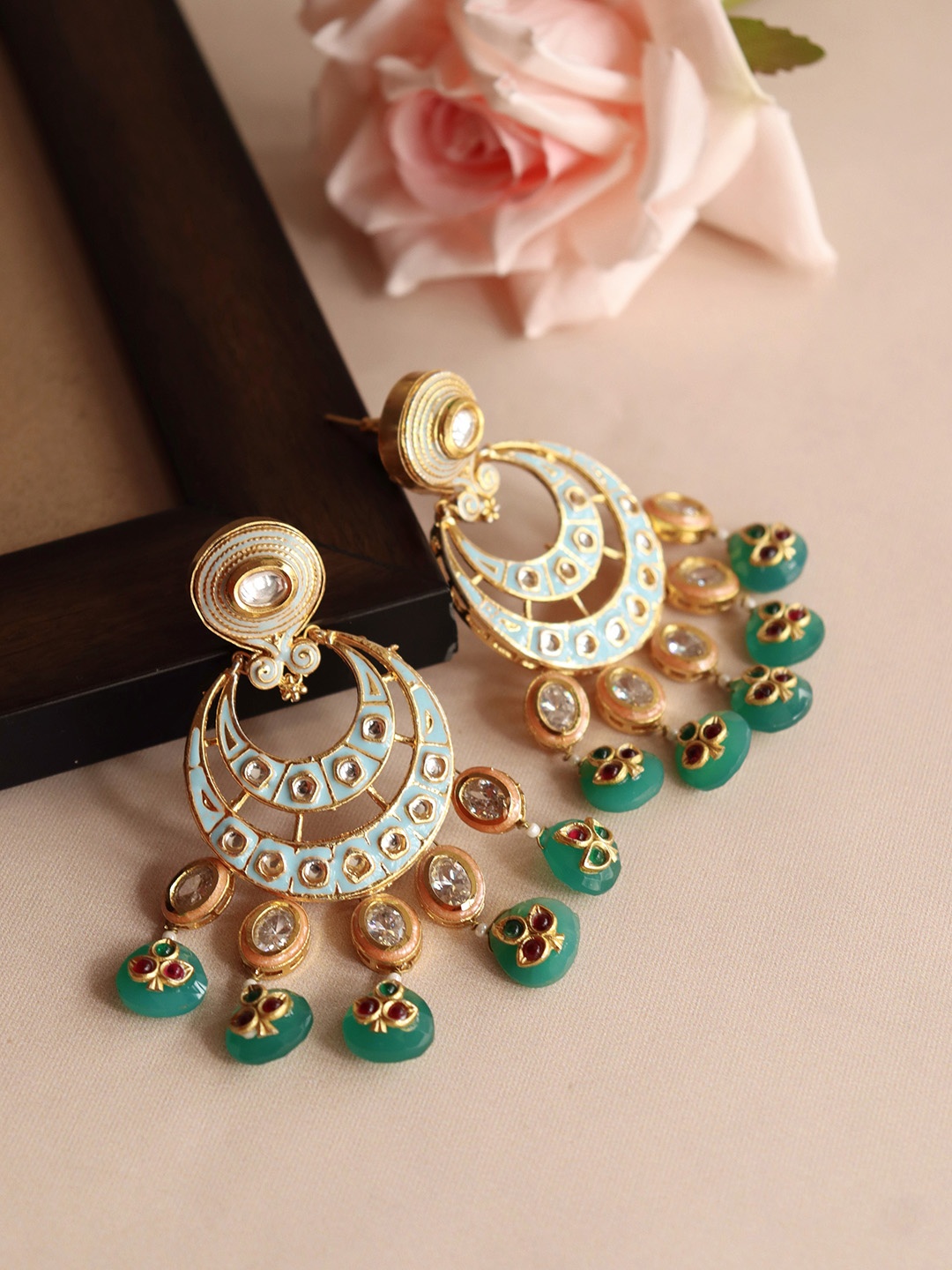 

CURIO COTTAGE Gold-Toned & Blue Contemporary Chandbalis Earrings