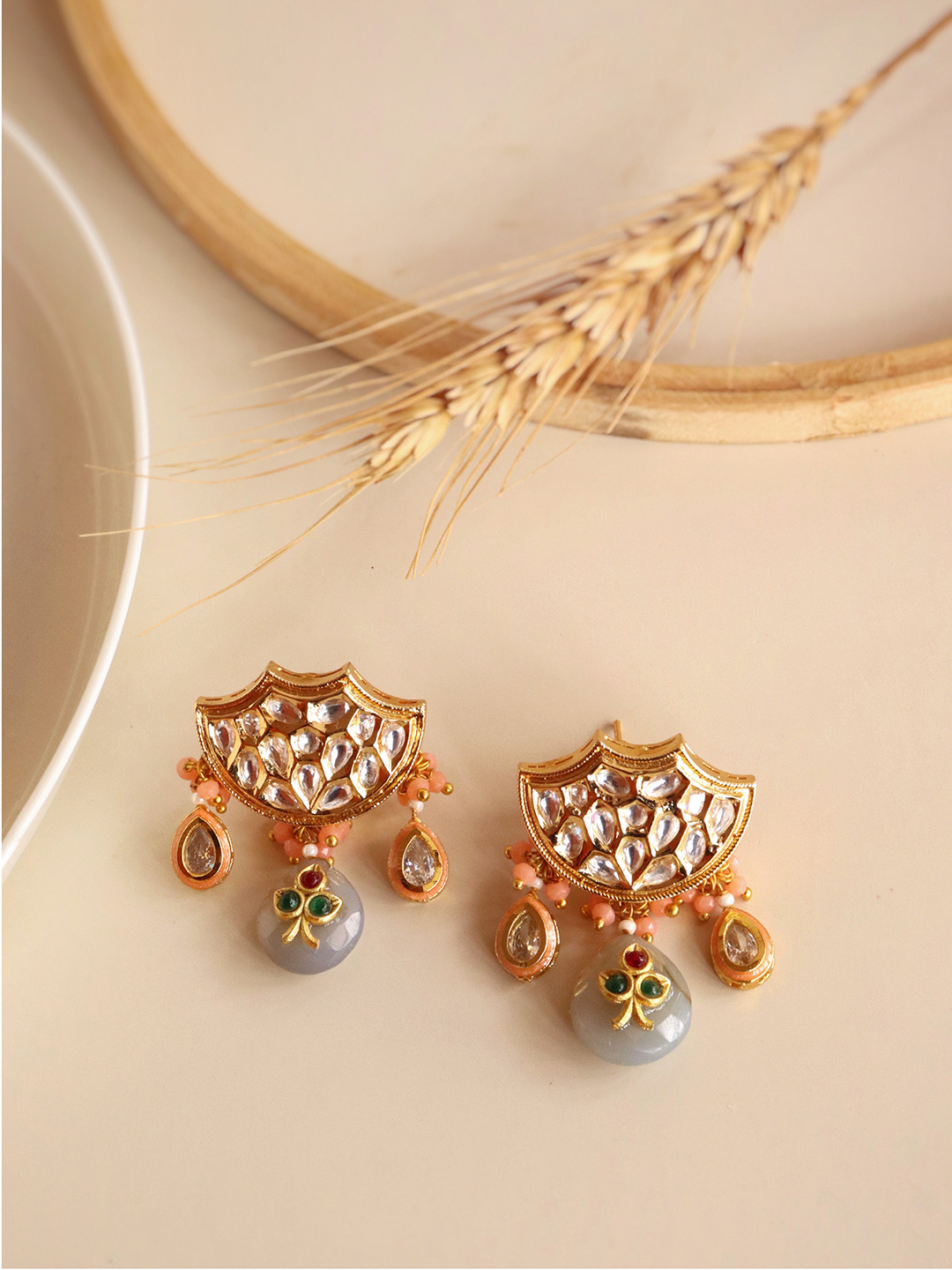 

CURIO COTTAGE Grey & Gold-Plated Contemporary Studs Earrings
