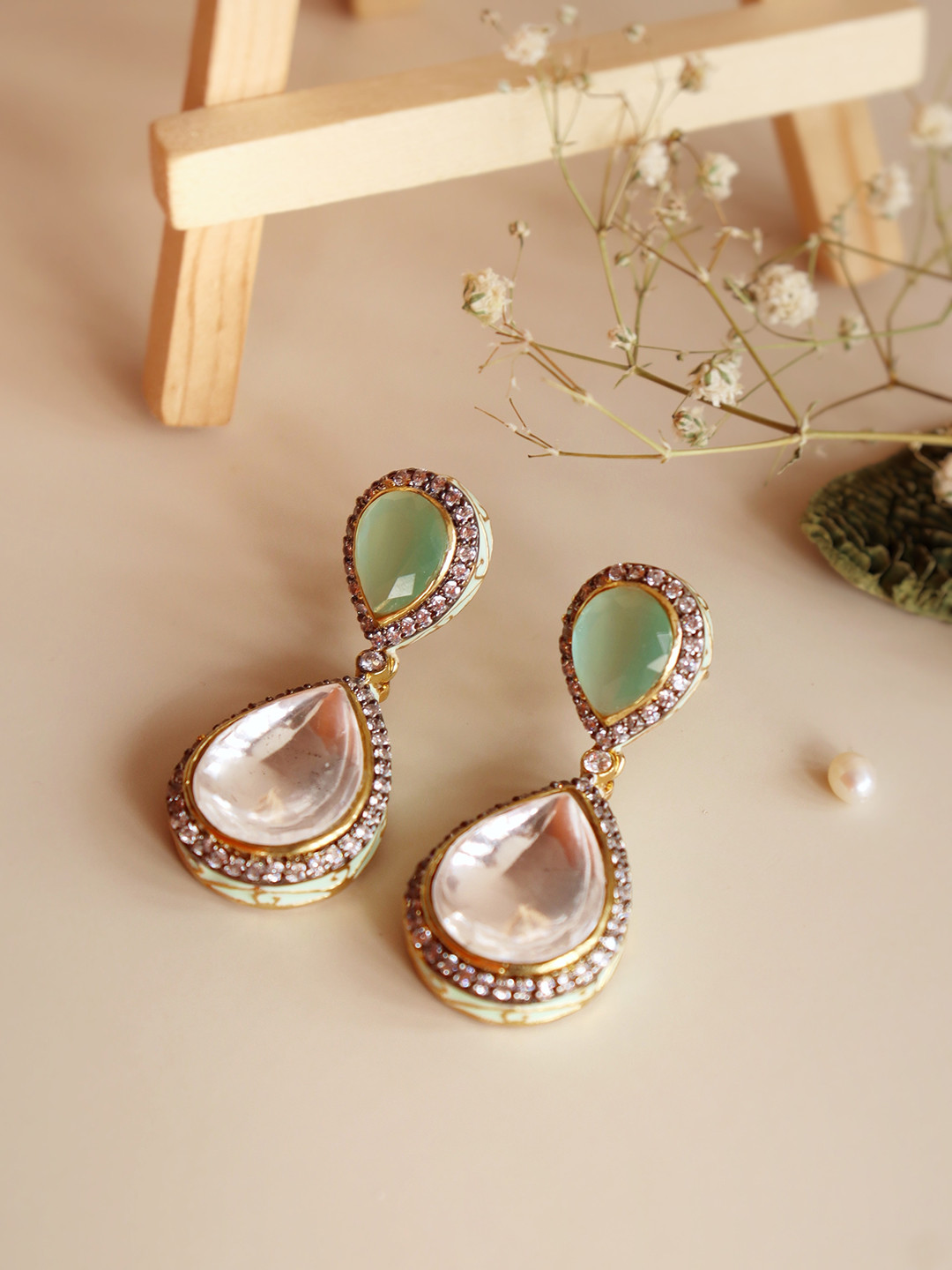 

CURIO COTTAGE Gold-Toned & Green Contemporary Drop Earrings