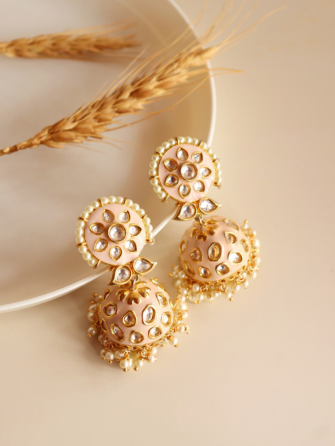 

CURIO COTTAGE Pink & Gold Plated Contemporary Jhumkas Earrings