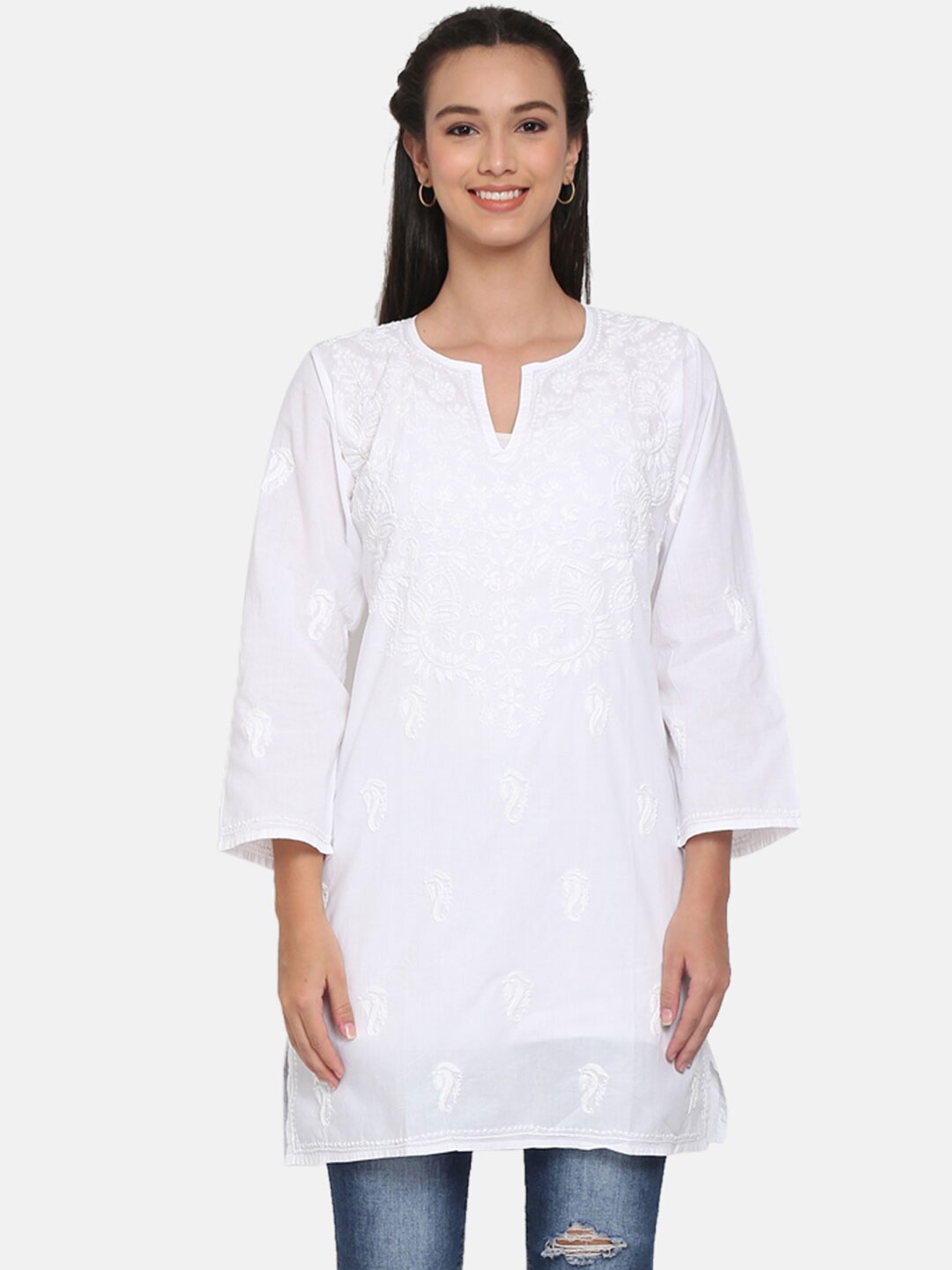 

PARAMOUNT CHIKAN White Chikankari Embroidered Pure Cotton A-line Kurti