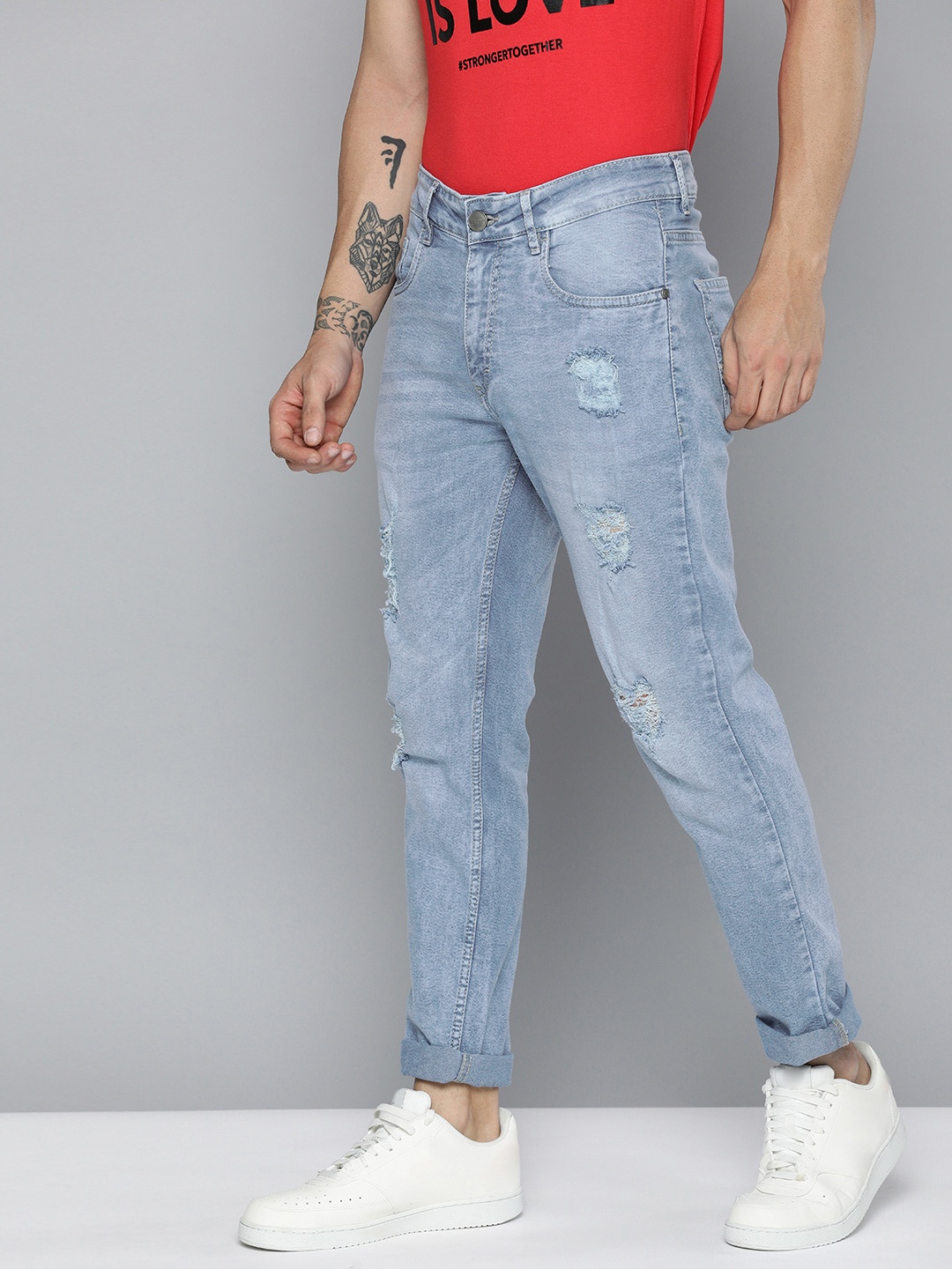

Mast & Harbour Men Blue Slim Tapered Fit Mildly Distressed Light Fade Stretchable Jeans
