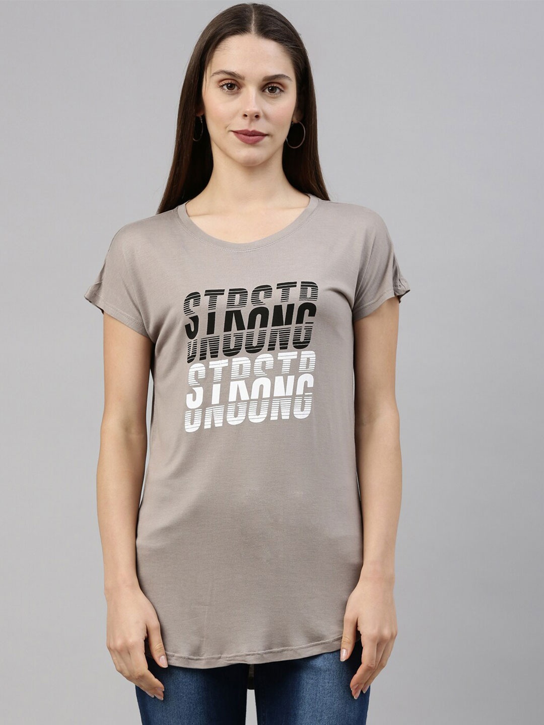 

GOLDSTROMS Women Grey Typography Printed Extended Sleeves T-shirt
