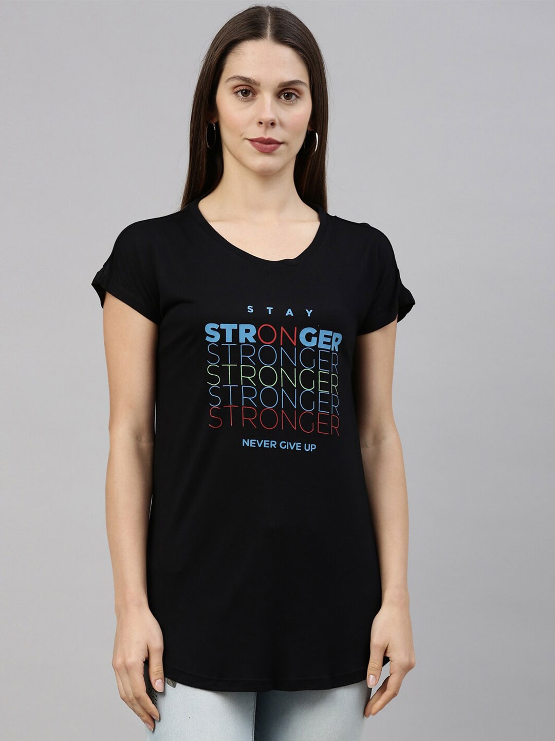 

GOLDSTROMS Women Black Typography Printed Monochrome Longline T-shirt